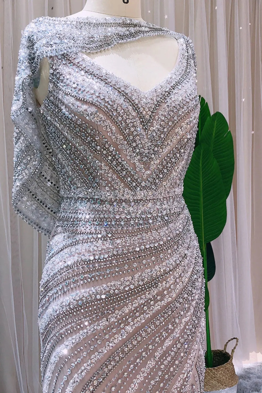 Luxury Beaded Silver Slit Mermaid Evening Dress with Cape SS035 Sheer Fairy