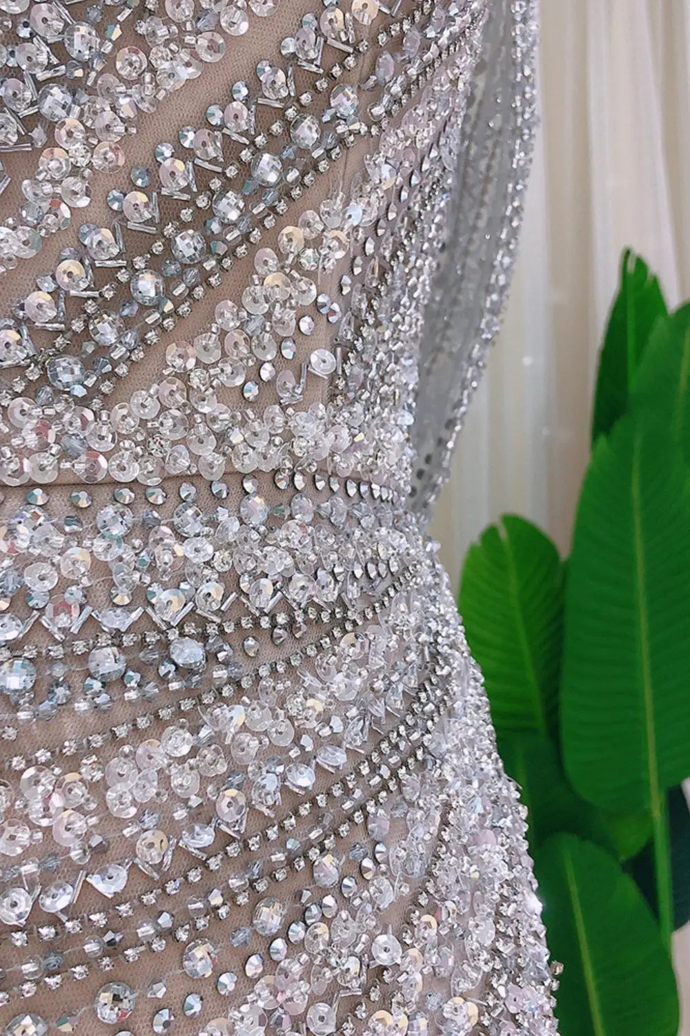 Luxury Beaded Silver Slit Mermaid Evening Dress with Cape SS035 Sheer Fairy