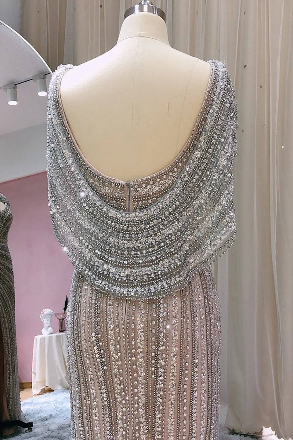 Luxury Beaded Silver Slit Mermaid Evening Dress with Cape SS035 Sheer Fairy