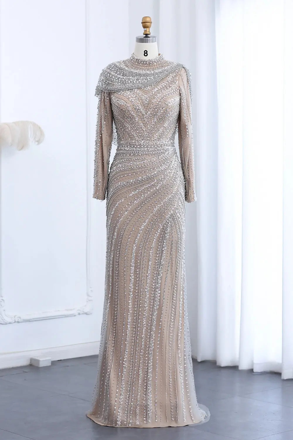 Luxury Beaded Silver Slit Mermaid Evening Dress with Cape SS035 Sheer Fairy