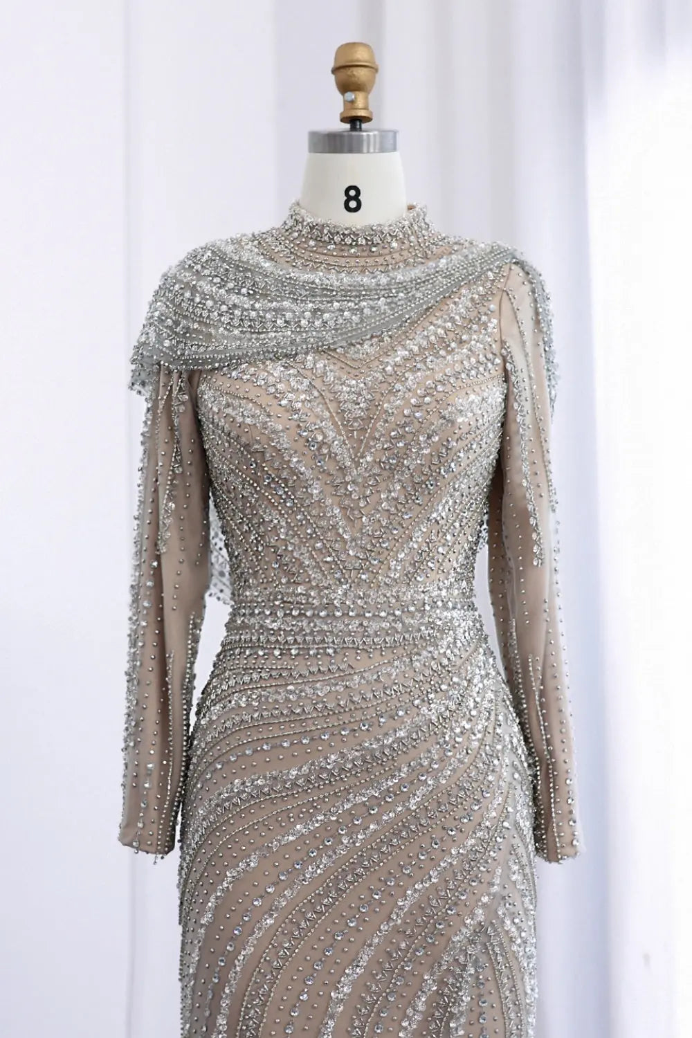Luxury Beaded Silver Slit Mermaid Evening Dress with Cape SS035 Sheer Fairy