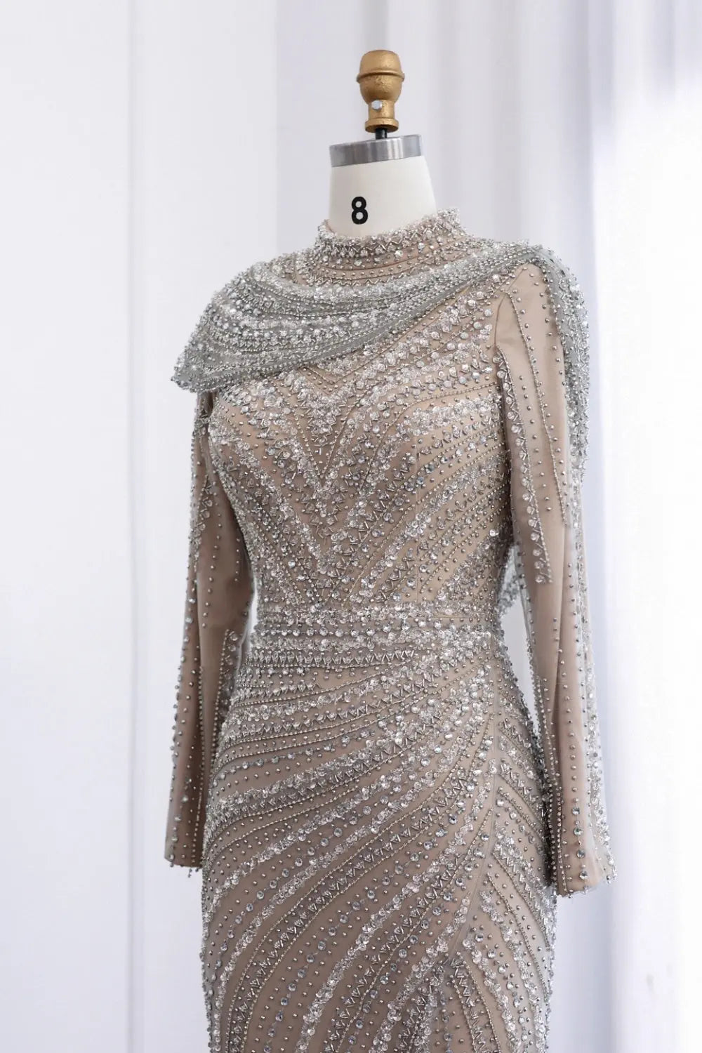 Luxury Beaded Silver Slit Mermaid Evening Dress with Cape SS035 Sheer Fairy