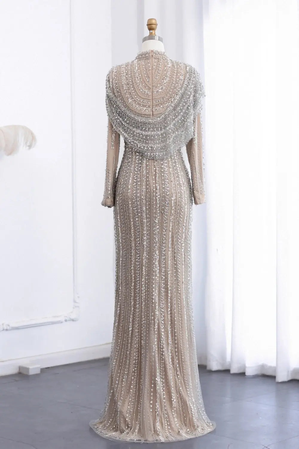 Luxury Beaded Silver Slit Mermaid Evening Dress with Cape SS035 Sheer Fairy