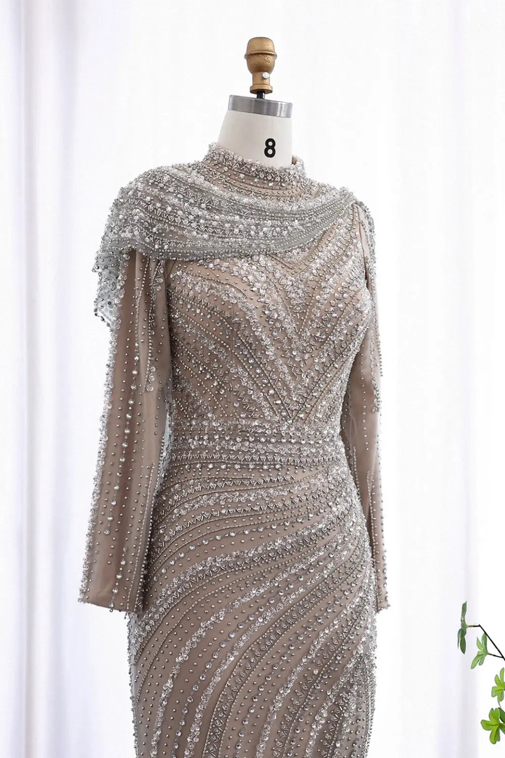 Luxury Beaded Silver Slit Mermaid Evening Dress with Cape SS035 Sheer Fairy