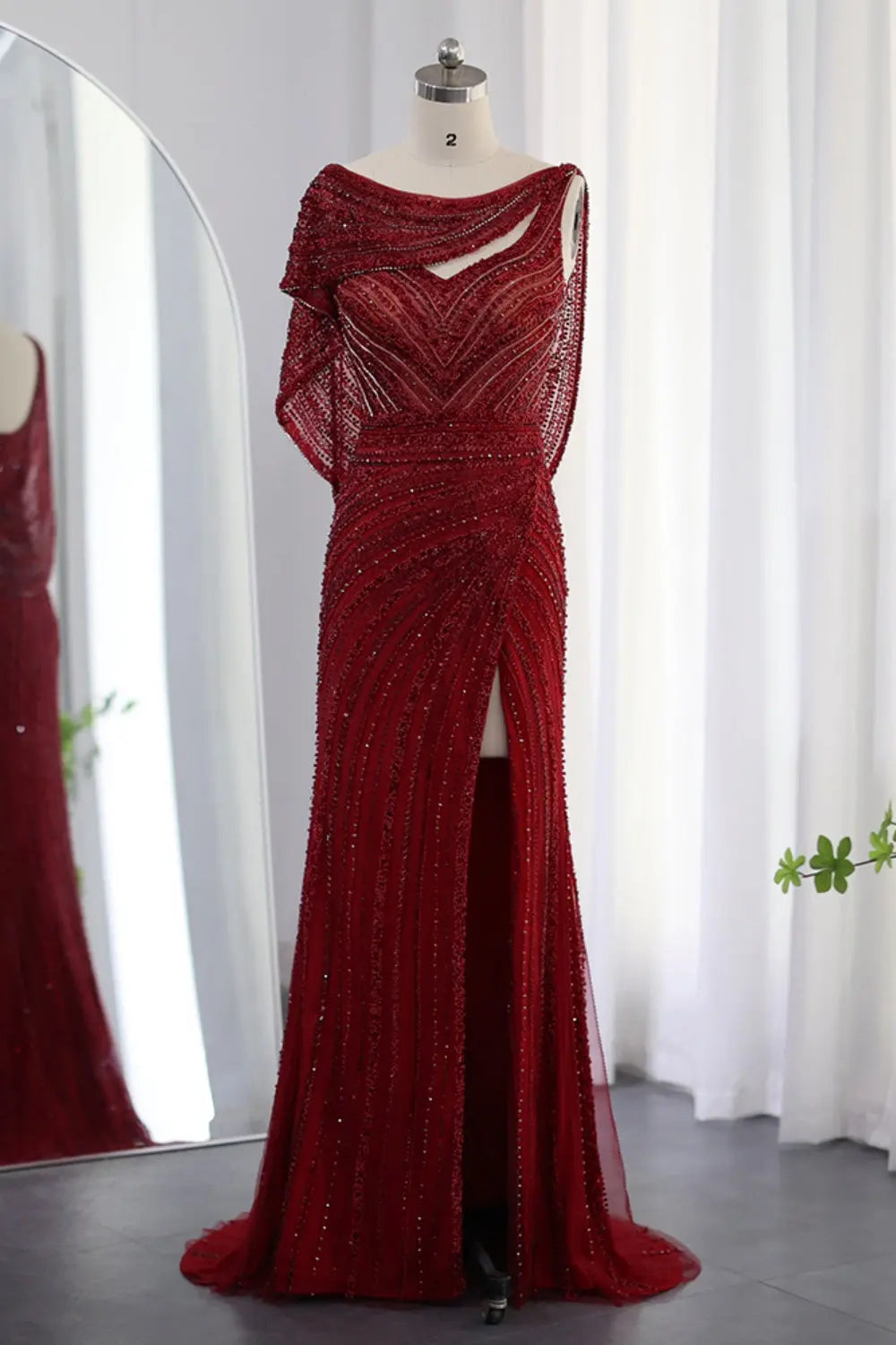 Luxury Beaded Silver Slit Mermaid Evening Dress with Cape SS035 Sheer Fairy