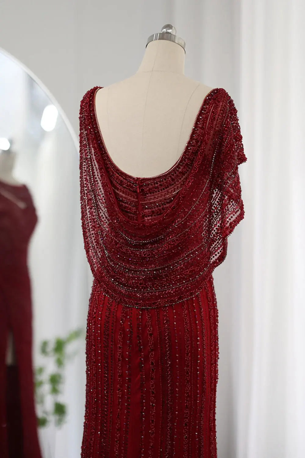 Luxury Beaded Silver Slit Mermaid Evening Dress with Cape SS035 Sheer Fairy