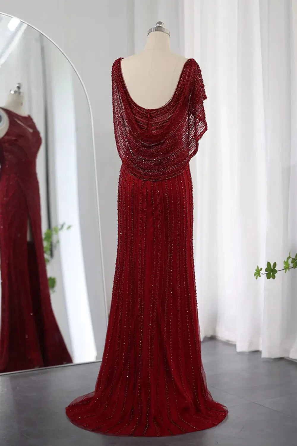 Luxury Beaded Silver Slit Mermaid Evening Dress with Cape SS035 Sheer Fairy