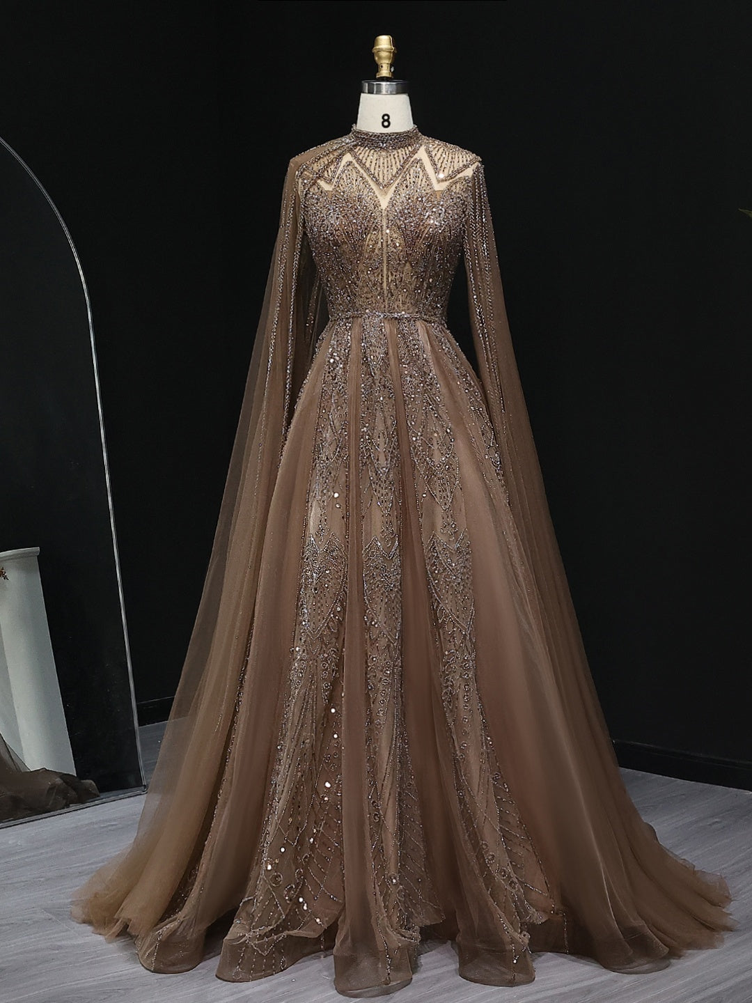 Luxury Brown Beaded Evening Gown with Cape Sleeves SS050 Sheer Fairy