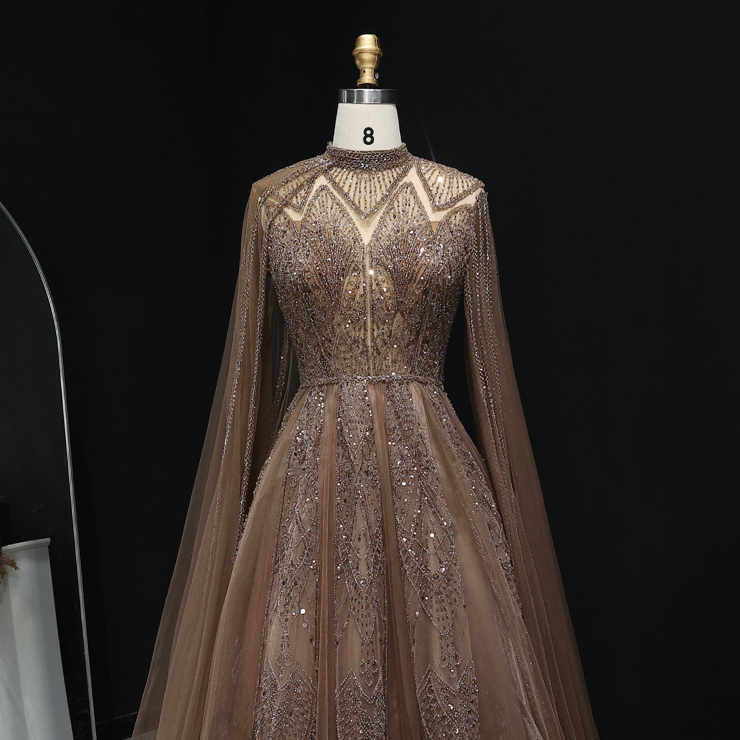 Luxury Brown Beaded Evening Gown with Cape Sleeves SS050 Sheer Fairy