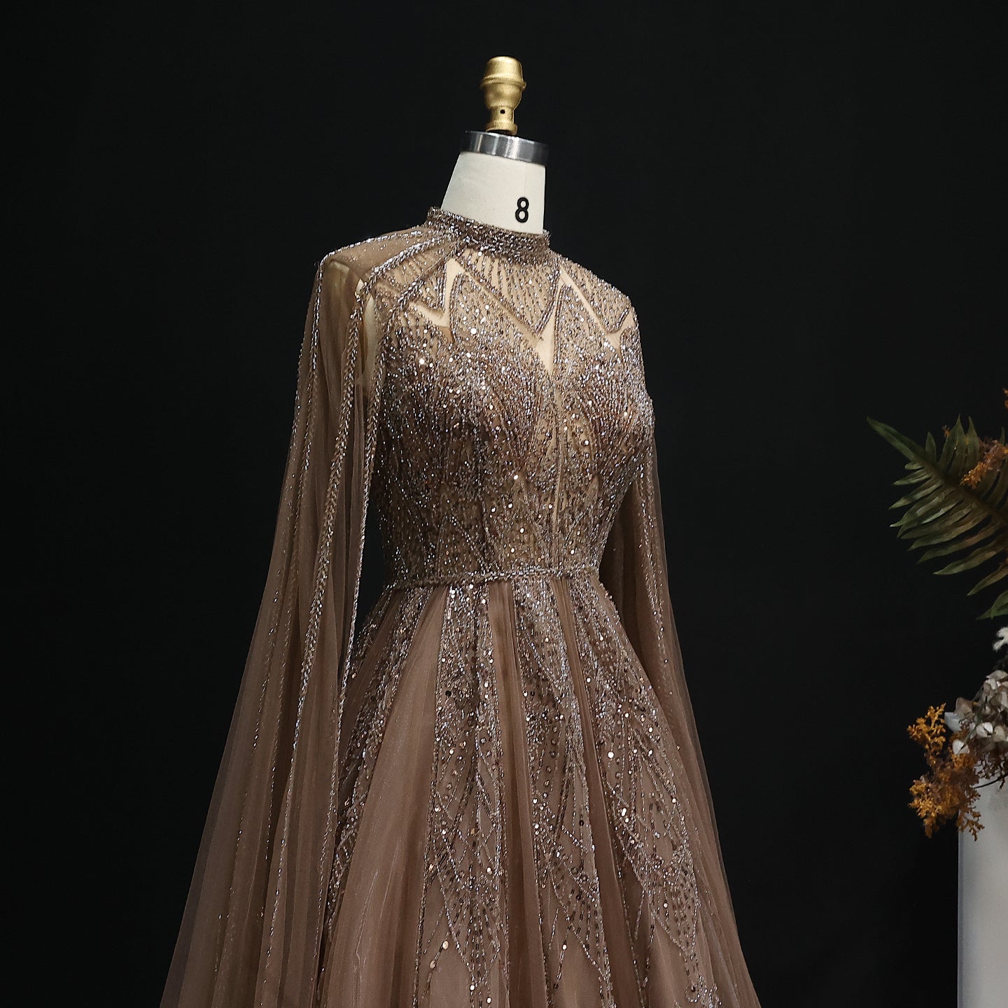 Luxury Brown Beaded Evening Gown with Cape Sleeves SS050 Sheer Fairy