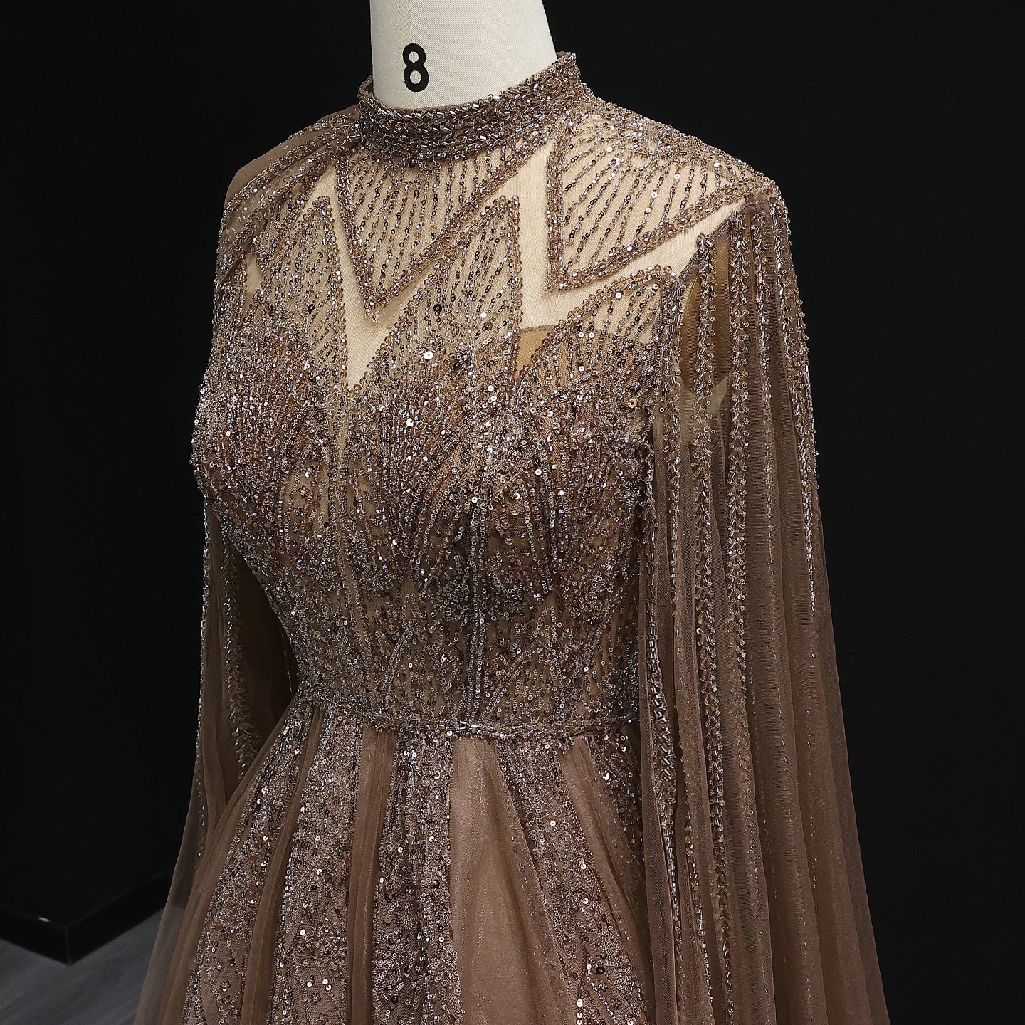 Luxury Brown Beaded Evening Gown with Cape Sleeves SS050 Sheer Fairy