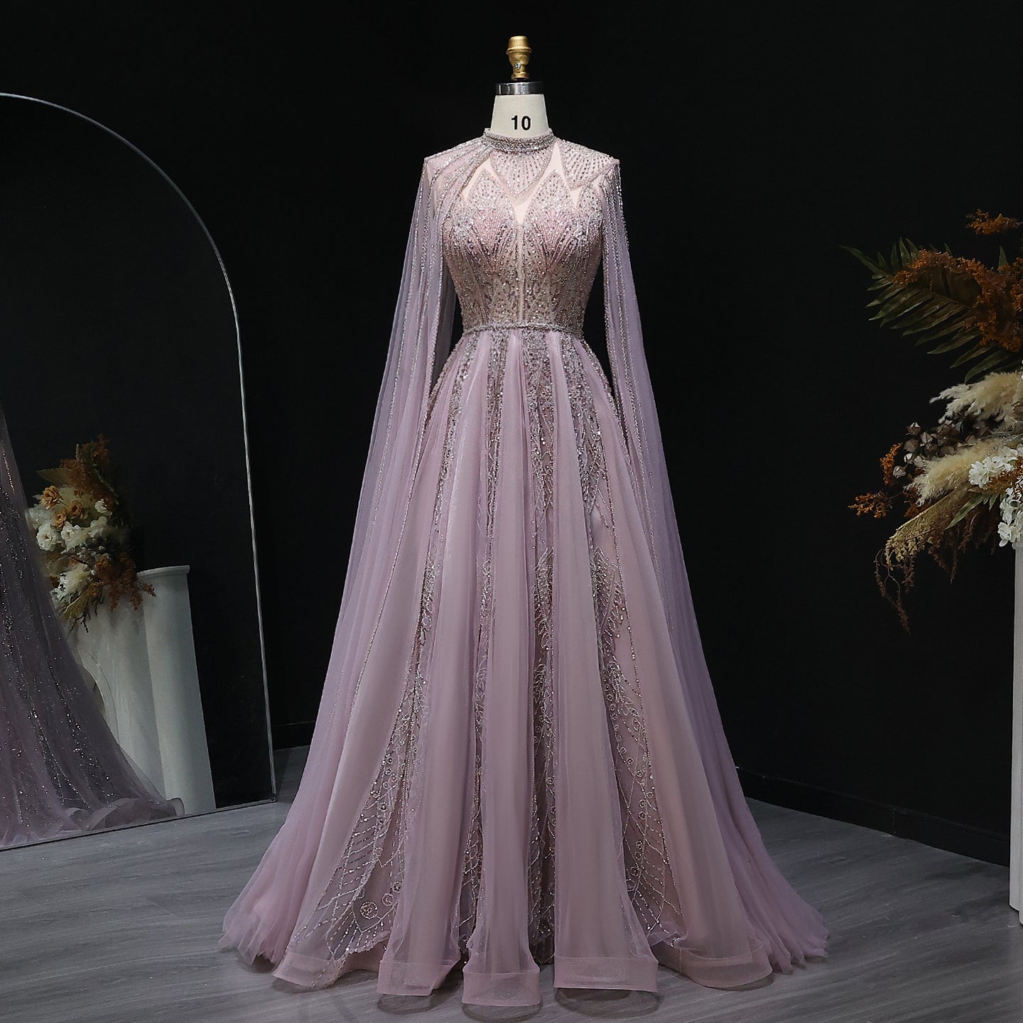 Luxury Brown Beaded Evening Gown with Cape Sleeves SS050 Sheer Fairy
