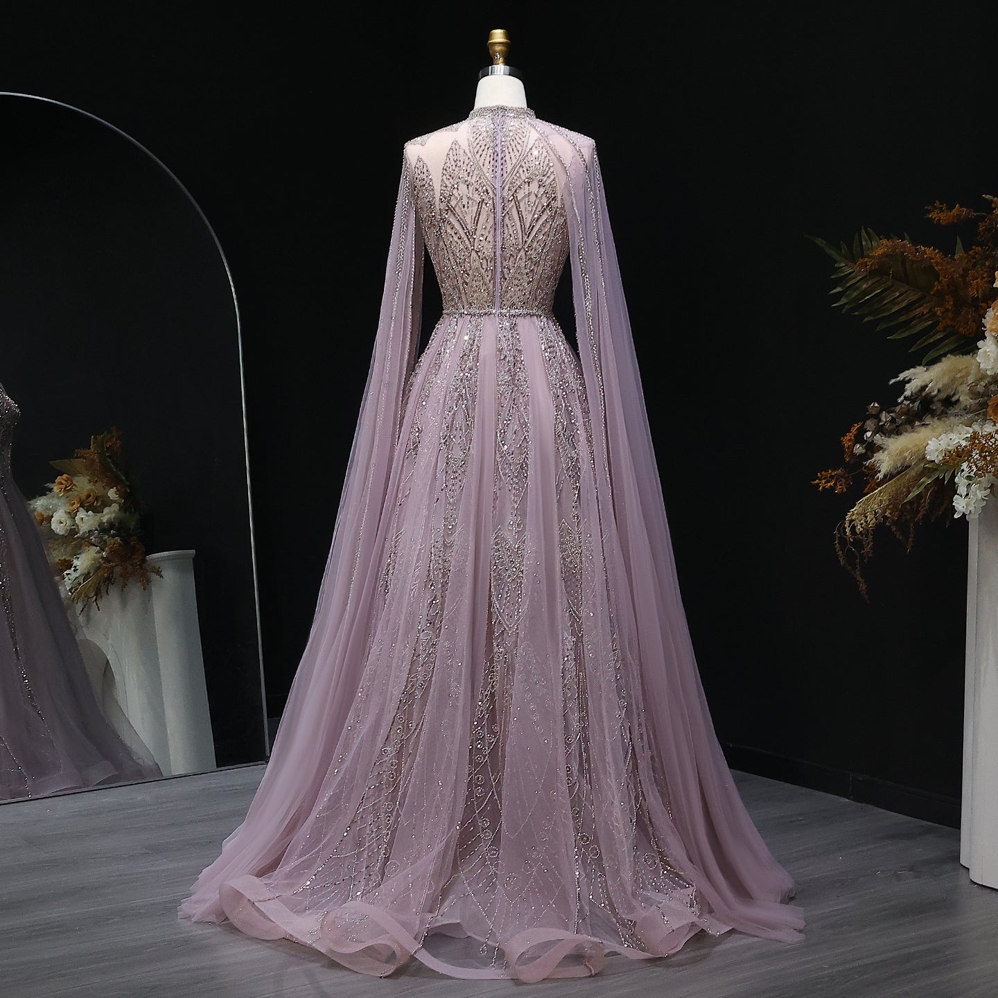 Luxury Brown Beaded Evening Gown with Cape Sleeves SS050 Sheer Fairy