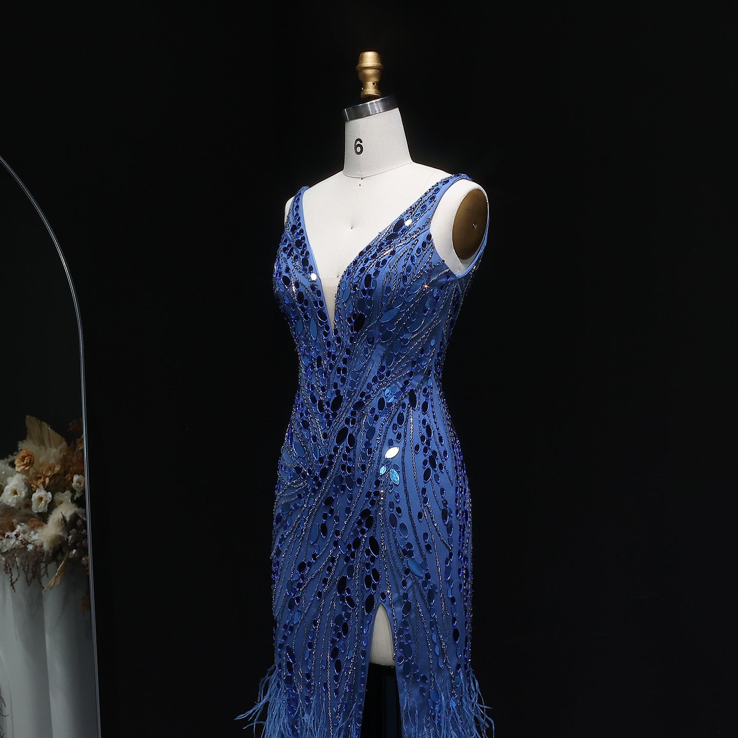 Luxury Sequin Feather Mermaid Side Slit Evening Dress SS066