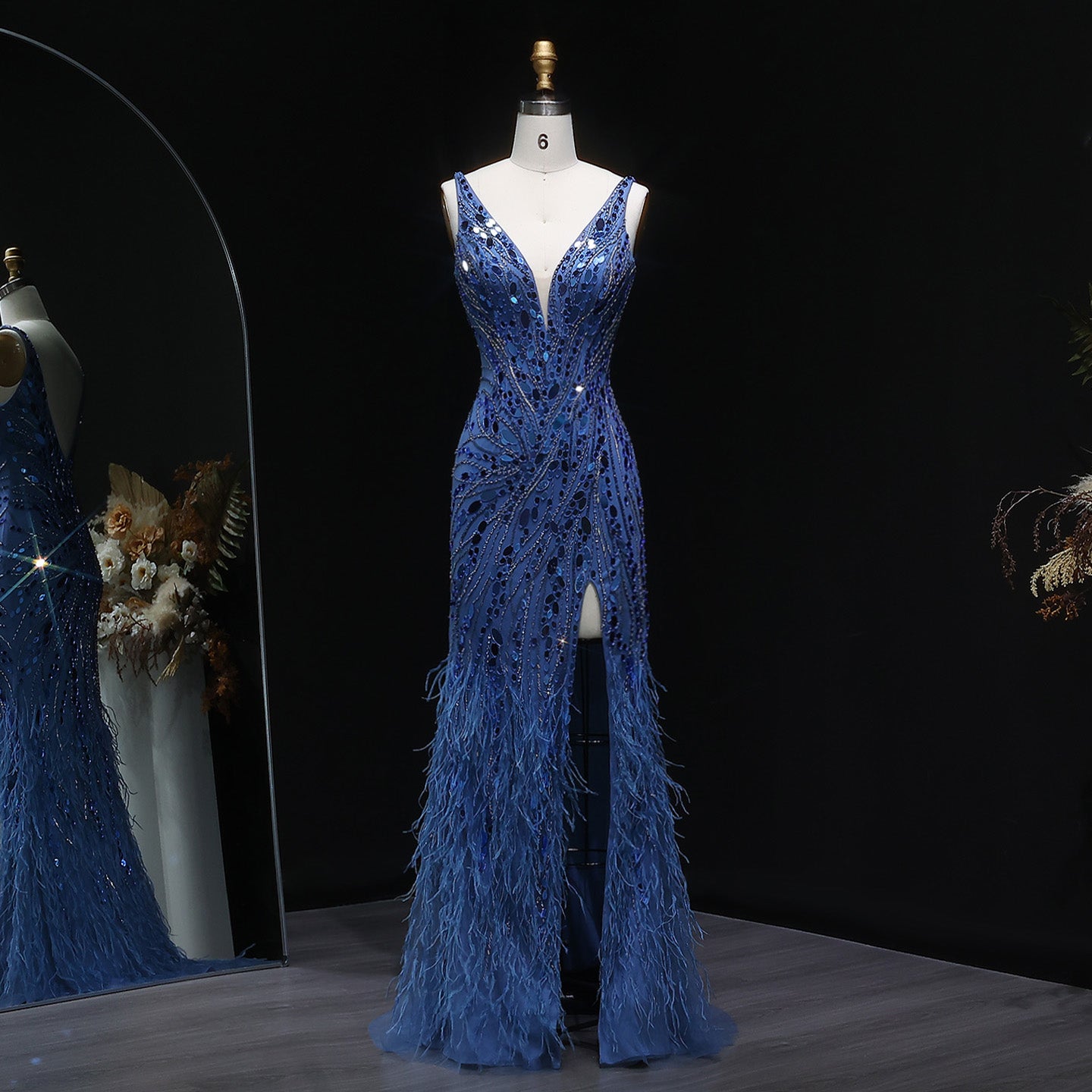 Luxury Sequin Feather Mermaid Side Slit Evening Dress SS066