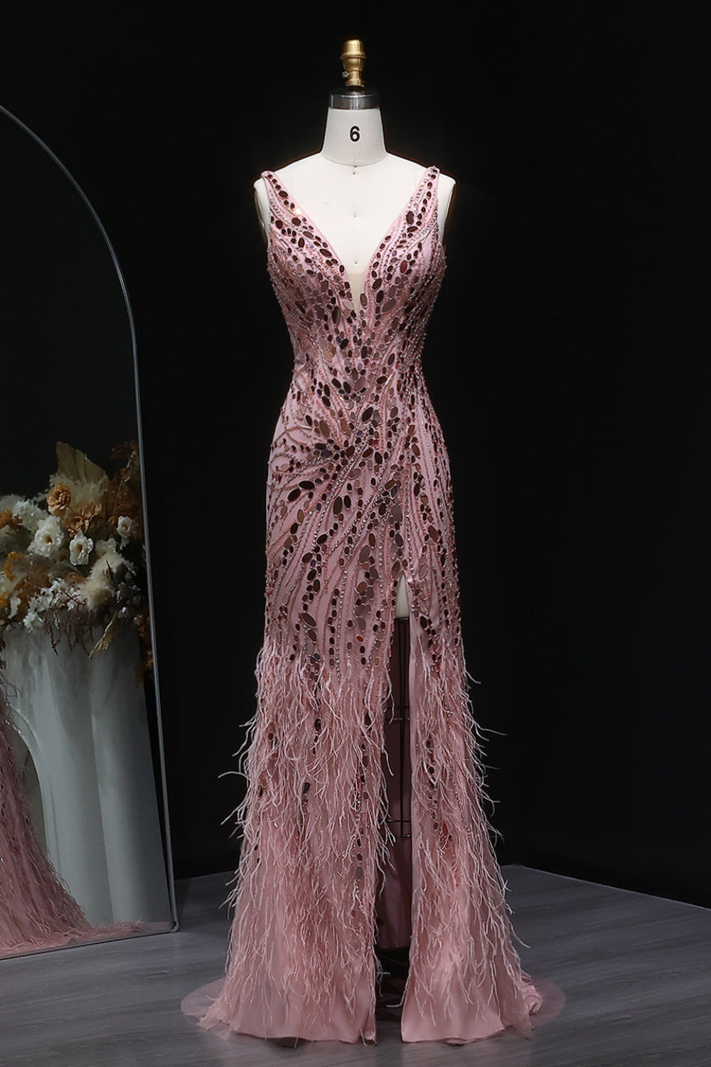 Luxury Sequin Feather Mermaid Side Slit Evening Dress SS066 Sheer Fairy