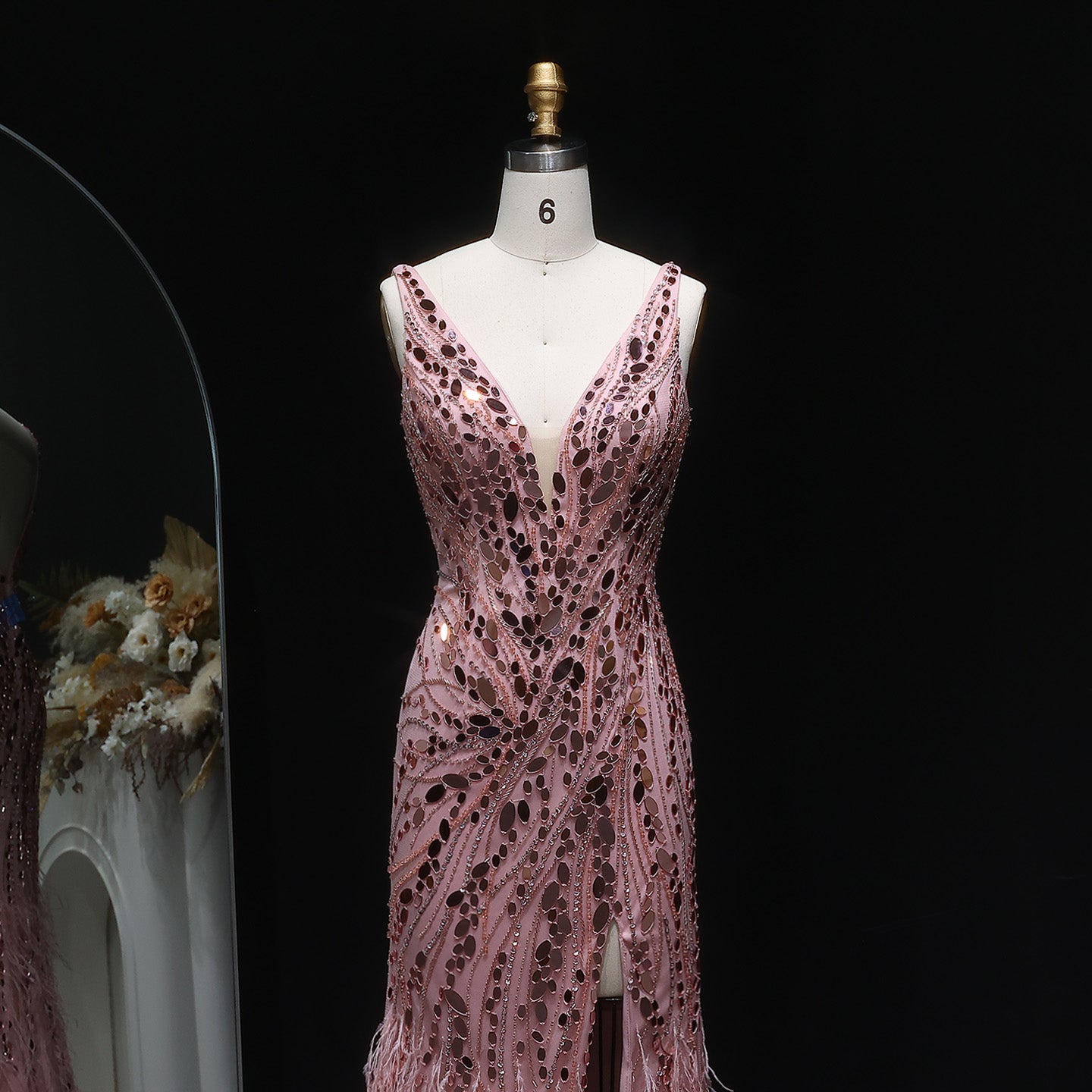 Luxury Sequin Feather Mermaid Side Slit Evening Dress SS066