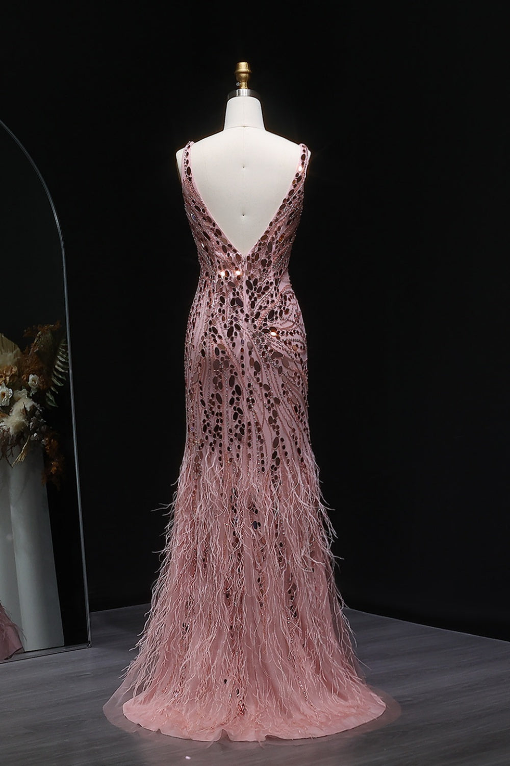 Luxury Sequin Feather Mermaid Side Slit Evening Dress SS066 Sheer Fairy