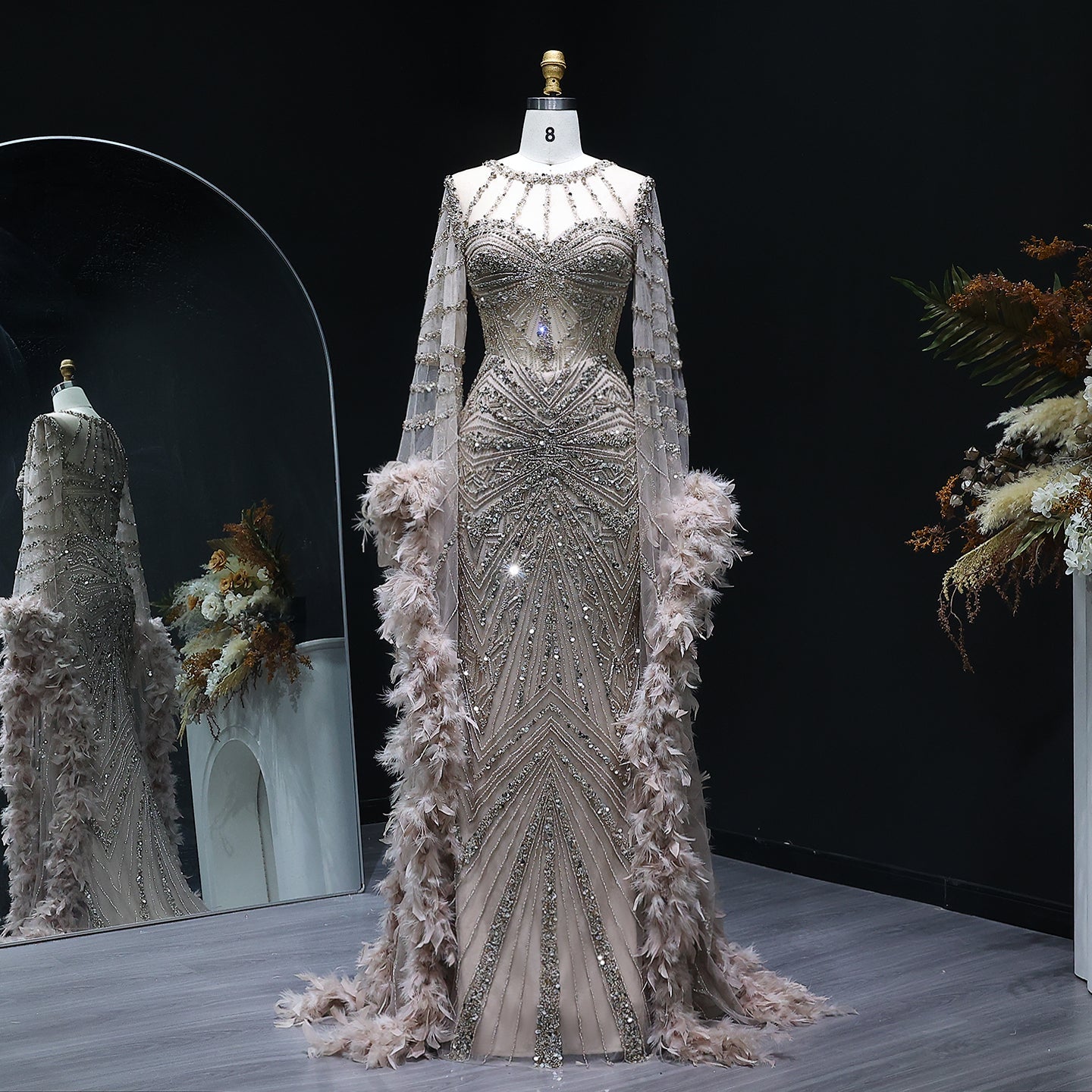 Luxury Pink Feather Cape Beaded Mermaid Evening Dress SS082 Sheer Fairy