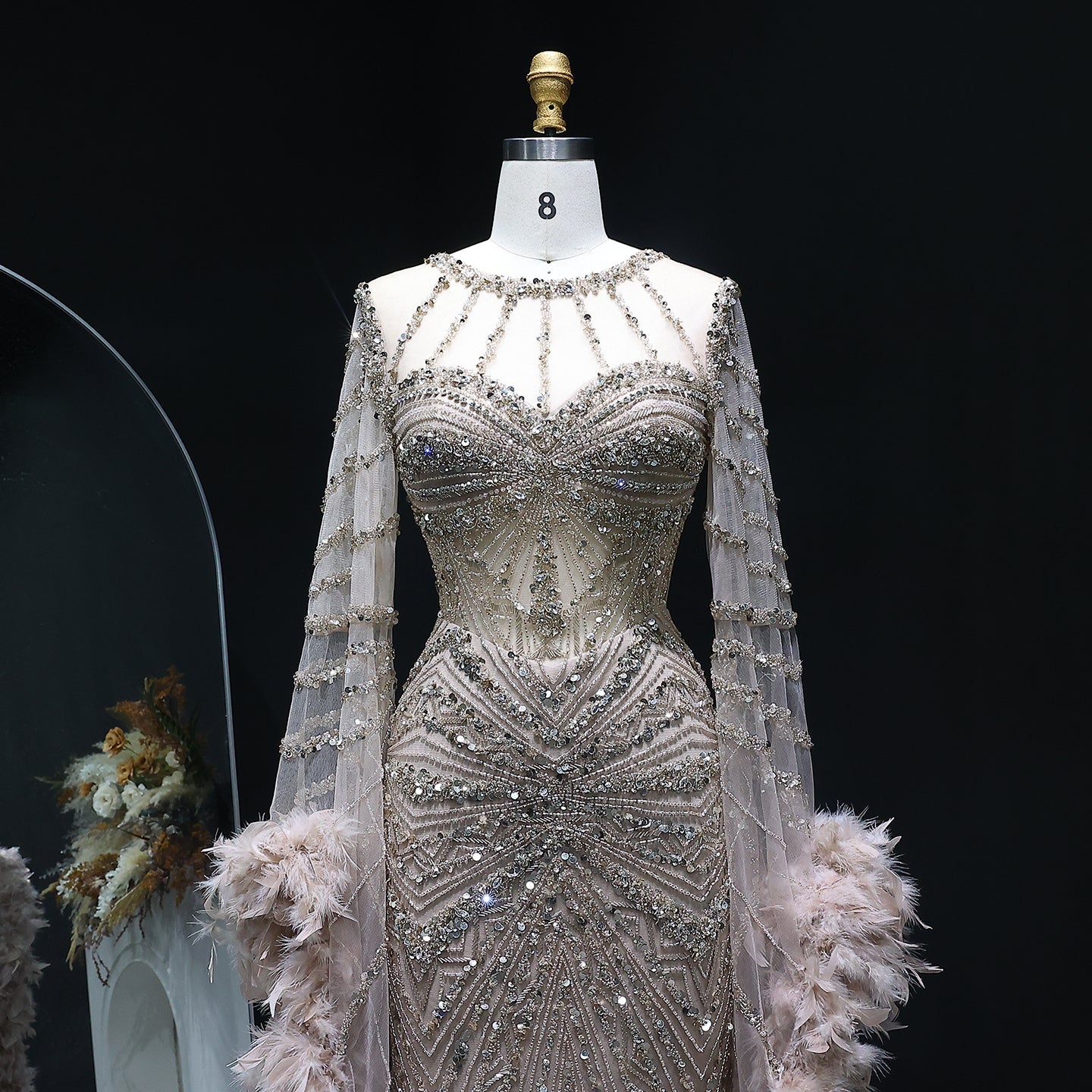 Luxury Pink Feather Cape Beaded Mermaid Evening Dress SS082 Sheer Fairy