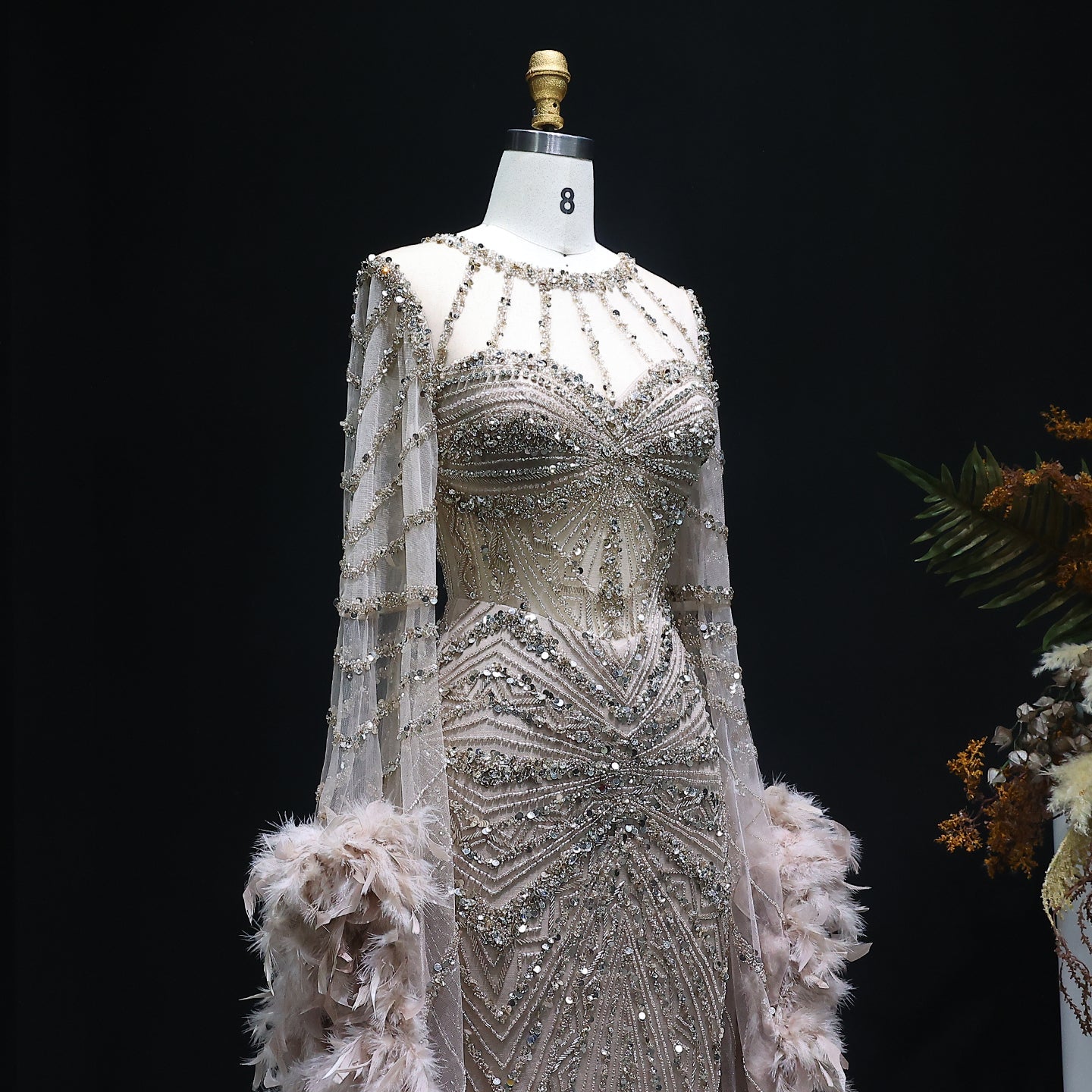 Luxury Pink Feather Cape Beaded Mermaid Evening Dress SS082 Sheer Fairy