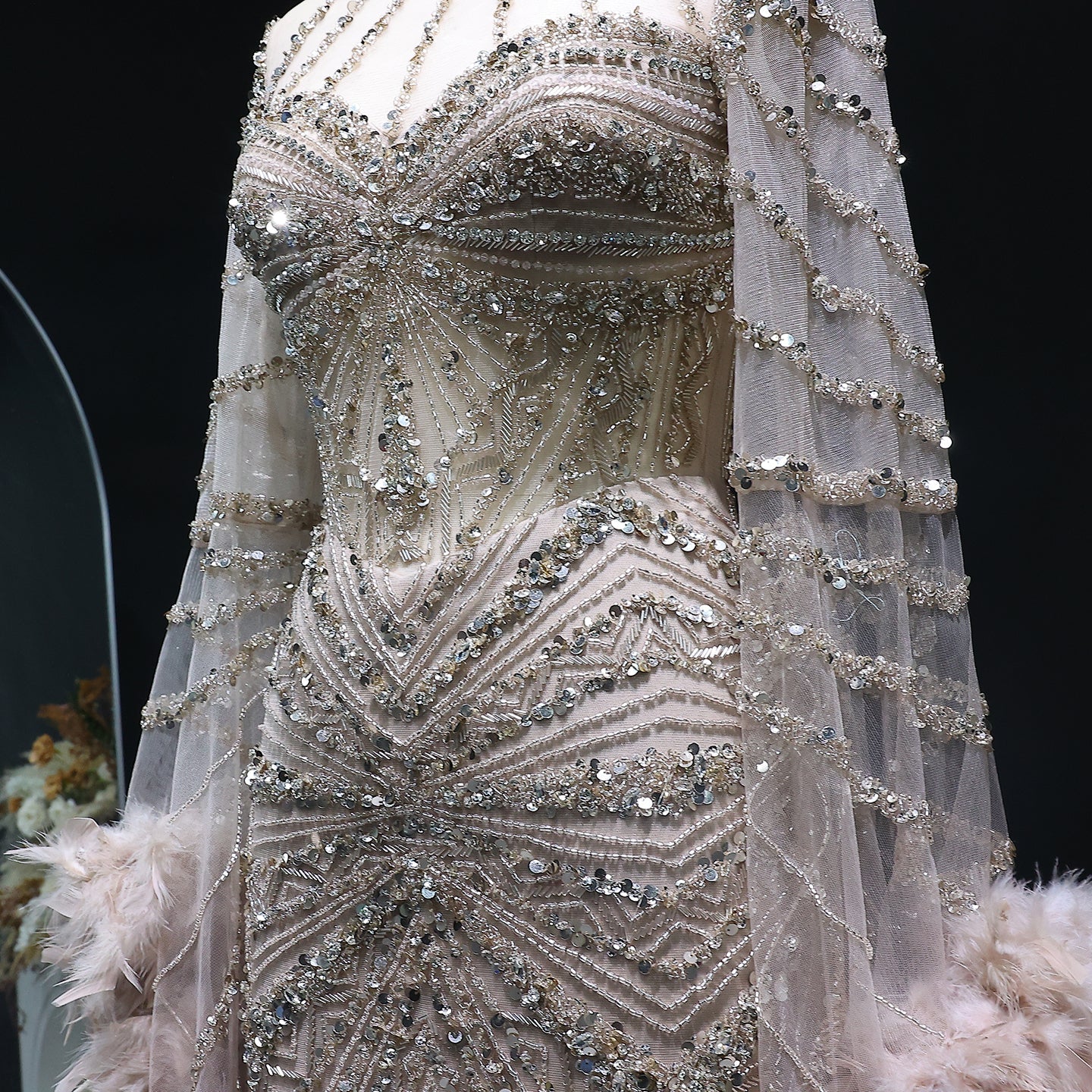 Luxury Pink Feather Cape Beaded Mermaid Evening Dress SS082 Sheer Fairy