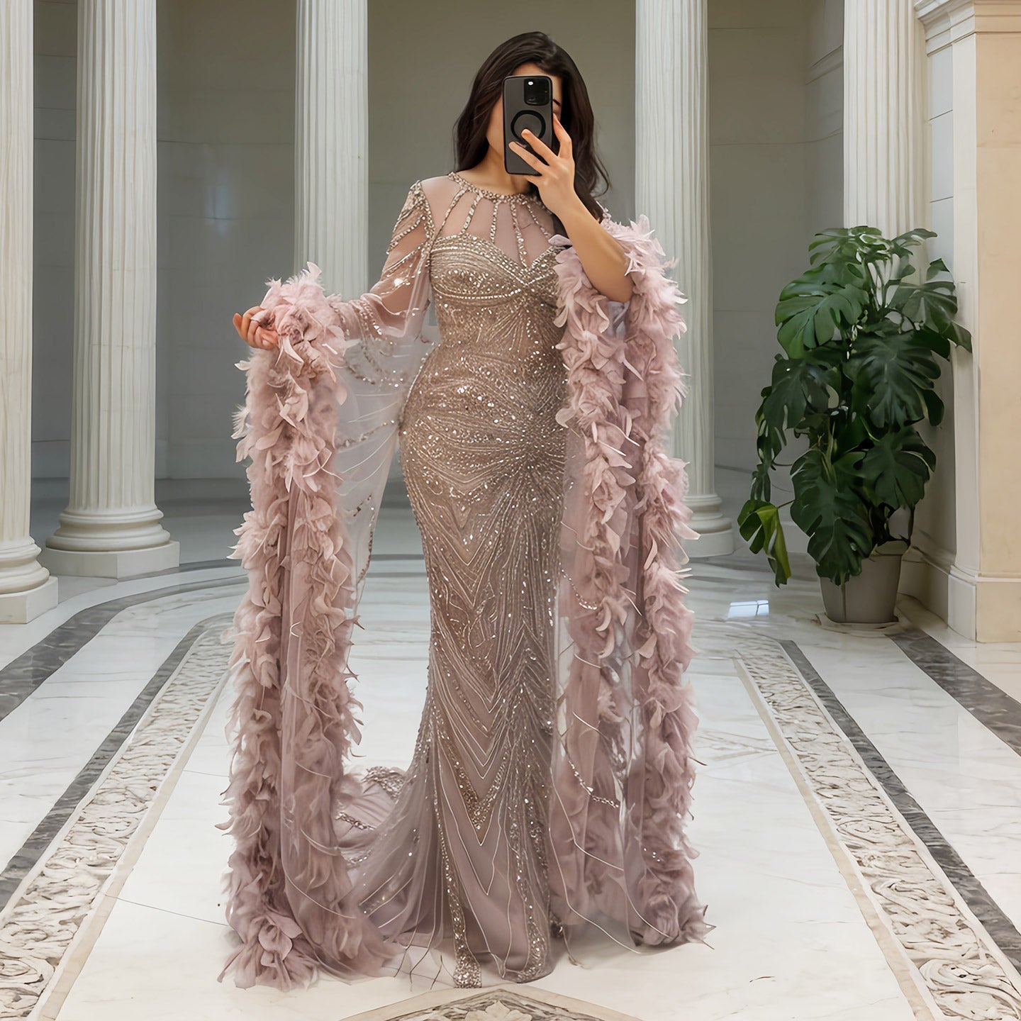 Luxury Pink Feather Cape Beaded Mermaid Evening Dress SS082 Sheer Fairy