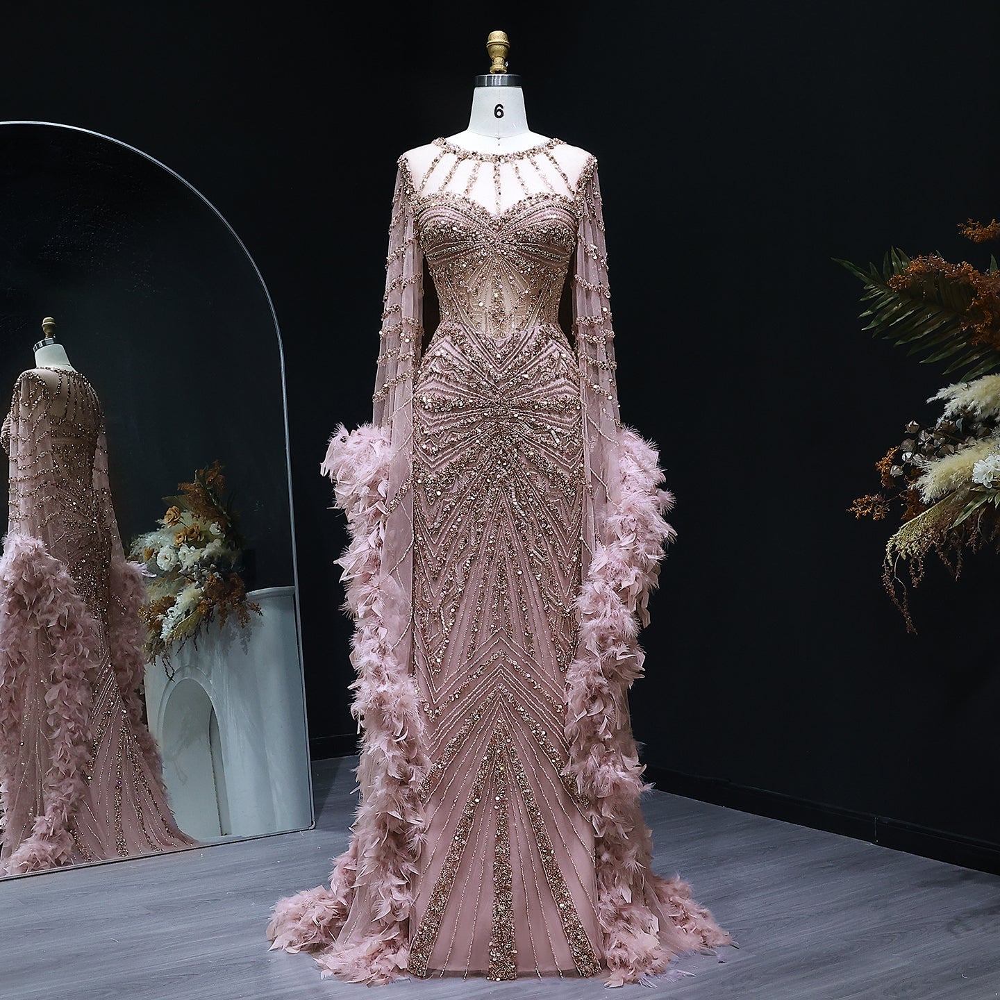 Luxury Pink Feather Cape Beaded Mermaid Evening Dress SS082 Sheer Fairy