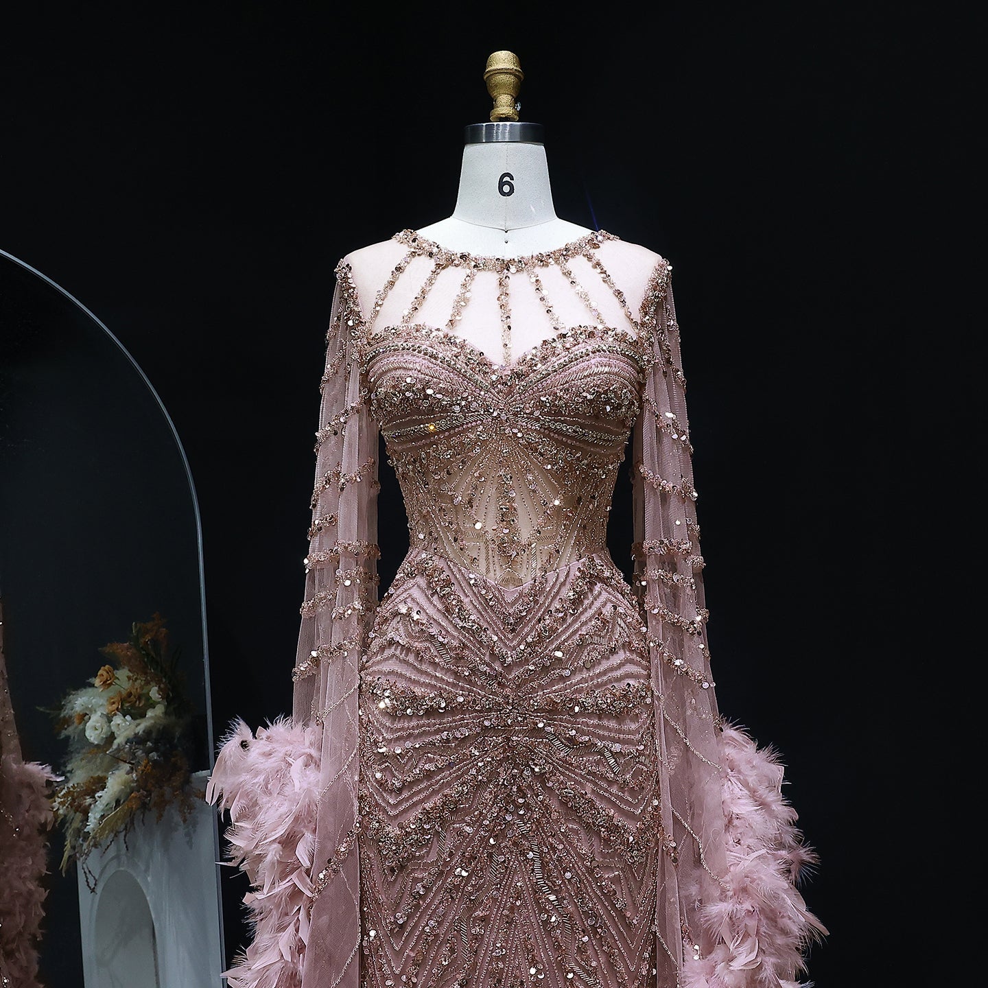 Luxury Pink Feather Cape Beaded Mermaid Evening Dress SS082 Sheer Fairy