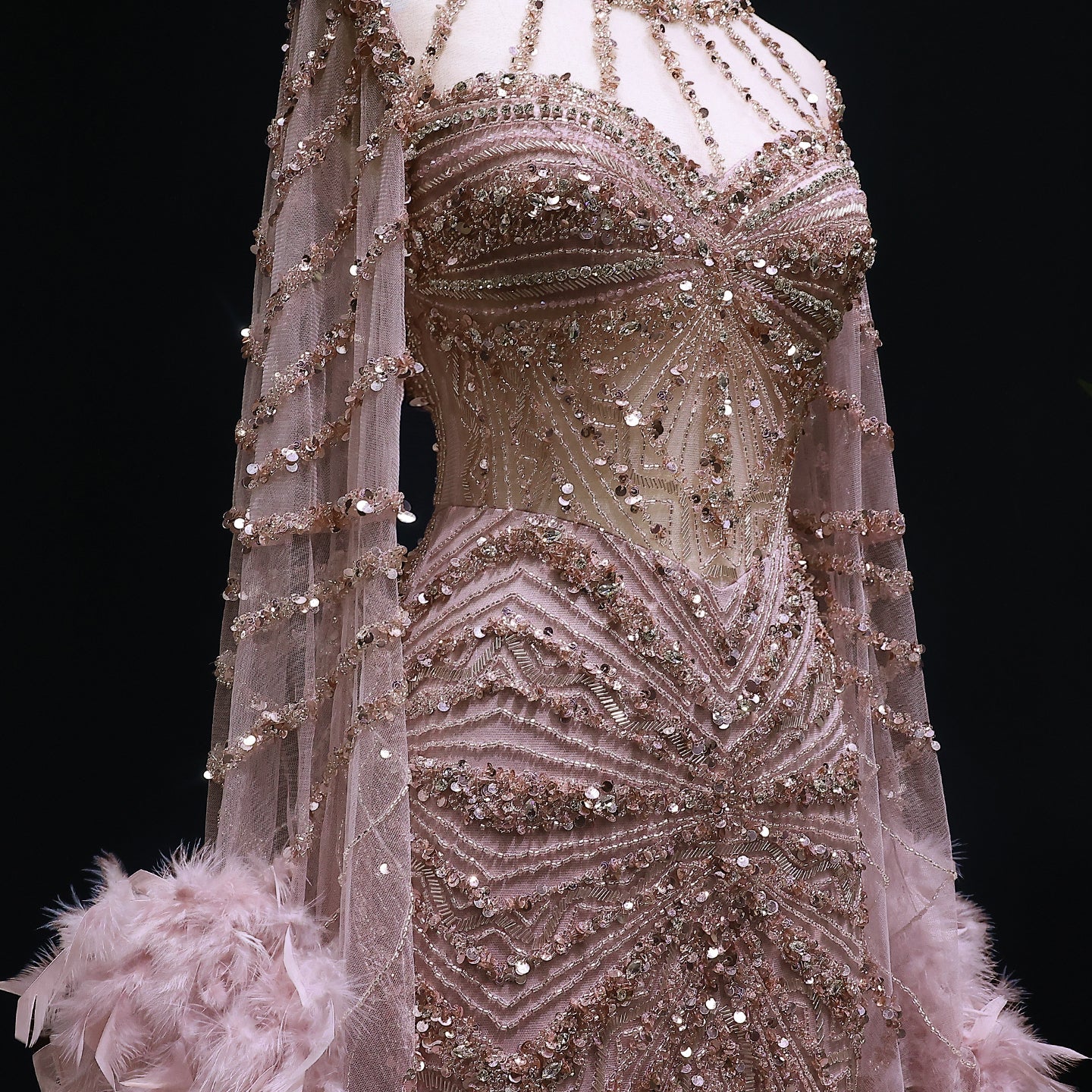 Luxury Pink Feather Cape Beaded Mermaid Evening Dress SS082 Sheer Fairy