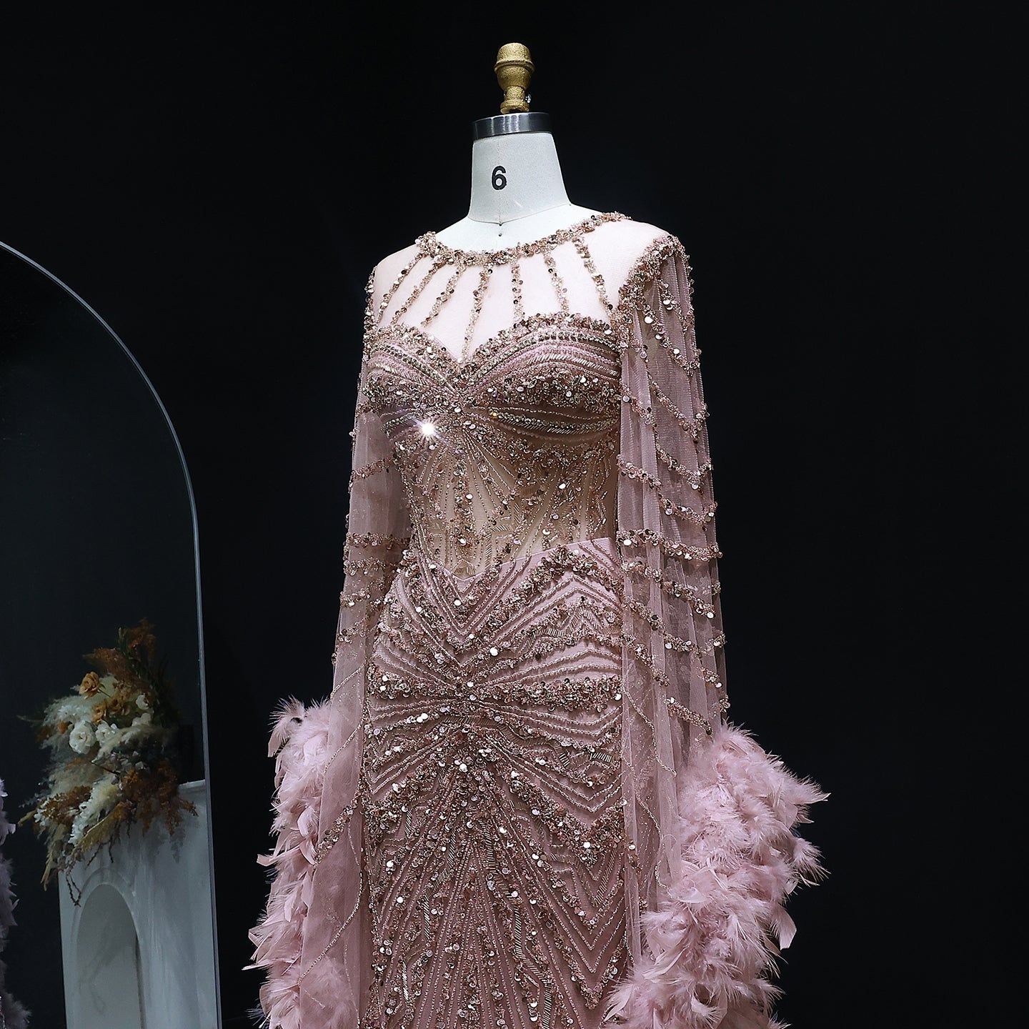 Luxury Pink Feather Cape Beaded Mermaid Evening Dress SS082 Sheer Fairy