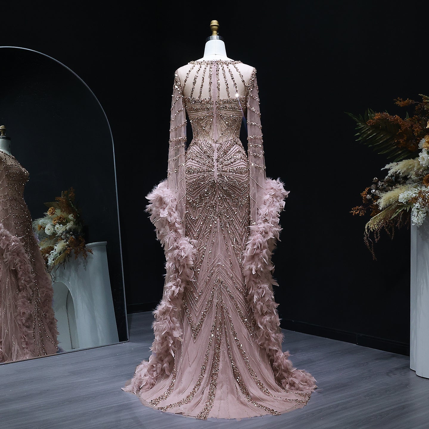 Luxury Pink Feather Cape Beaded Mermaid Evening Dress SS082 Sheer Fairy