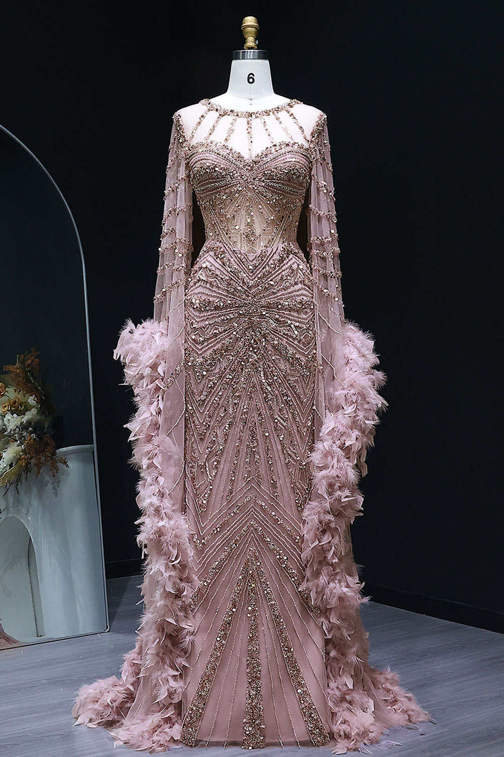 Luxury Pink Feather Cape Beaded Mermaid Evening Dress SS082 Sheer Fairy
