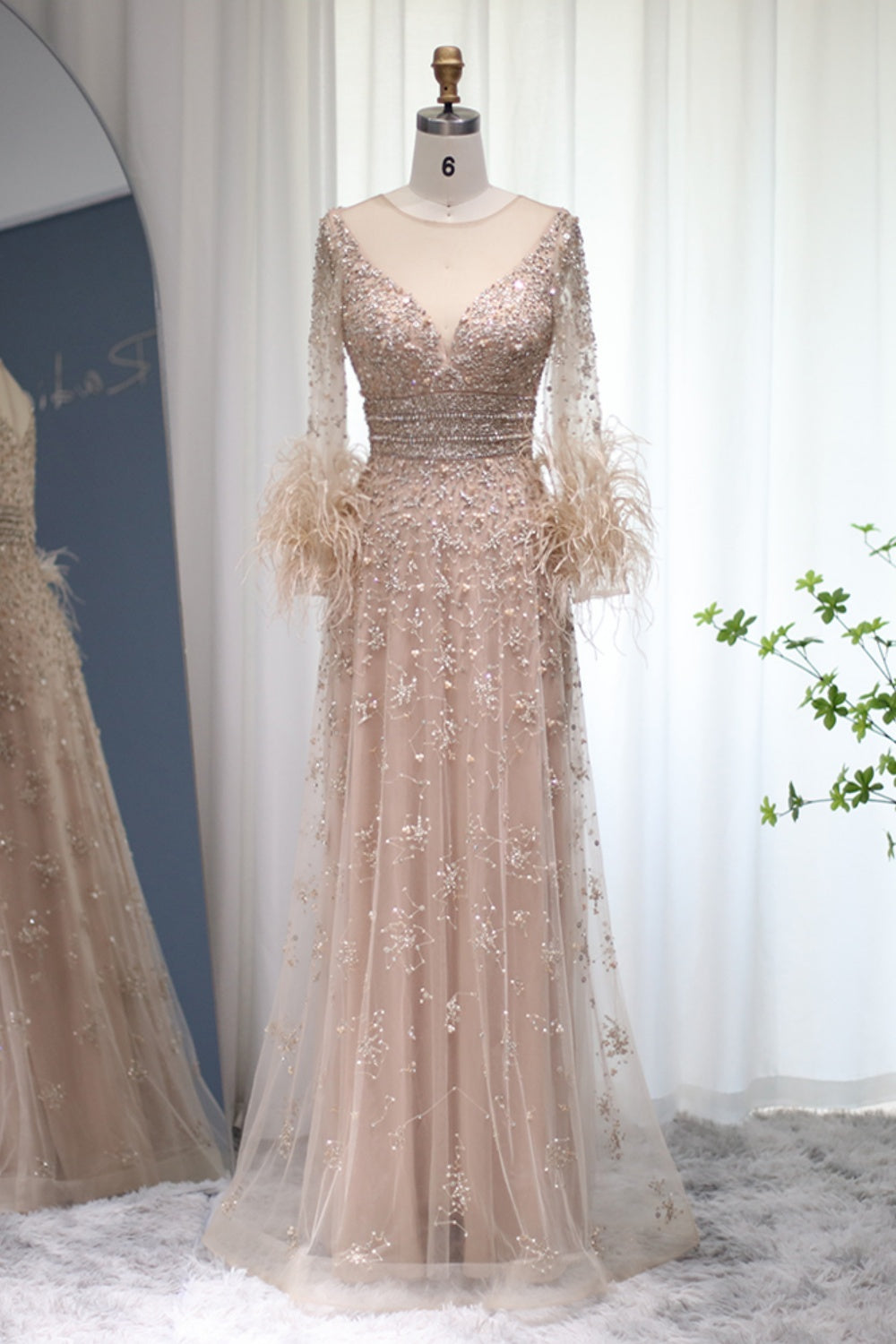 Luxury Champagne Feathers Long Sleeves Evening Dress SS101 Sheer Fairy