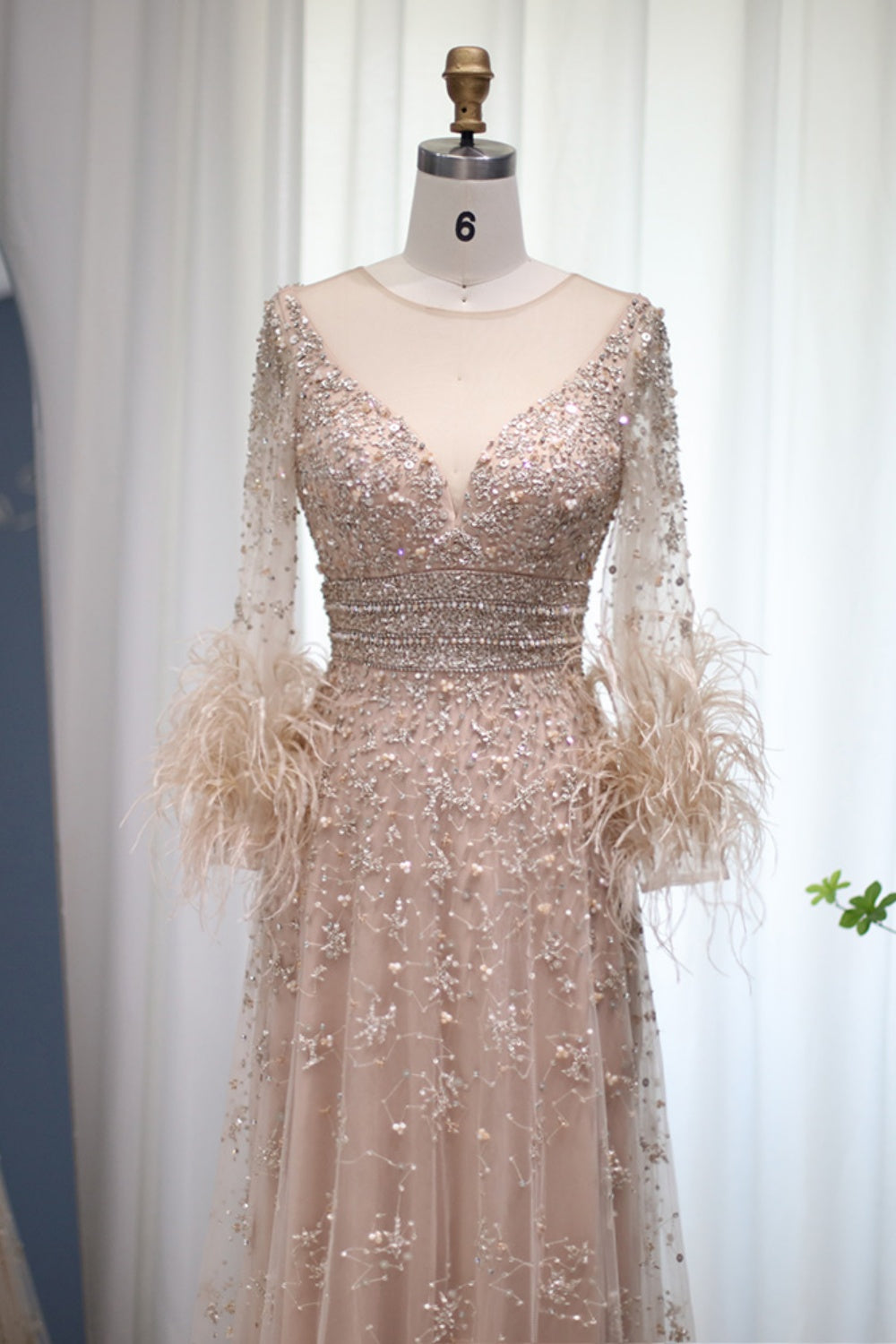 Luxury Champagne Feathers Long Sleeves Evening Dress SS101 Sheer Fairy