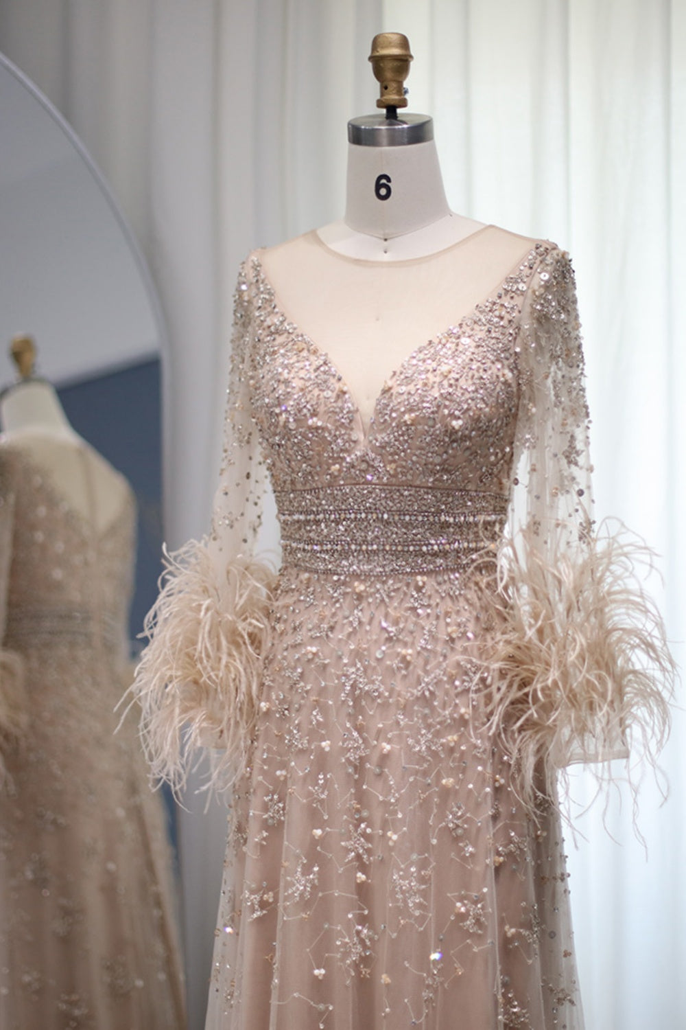 Luxury Champagne Feathers Long Sleeves Evening Dress SS101 Sheer Fairy