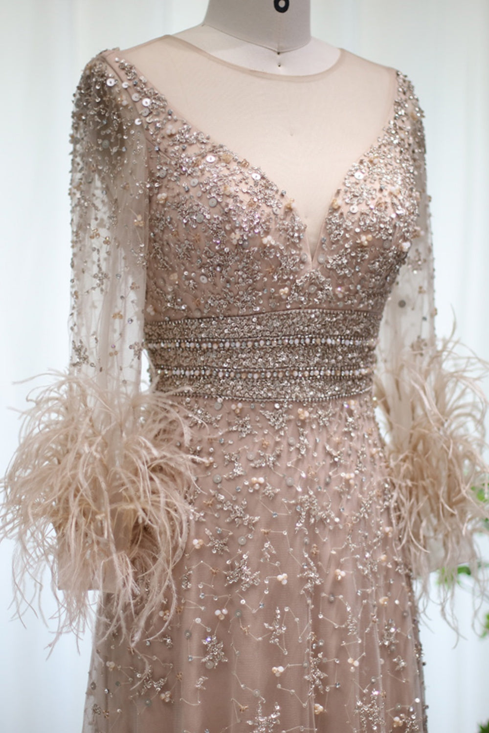 Luxury Champagne Feathers Long Sleeves Evening Dress SS101 Sheer Fairy