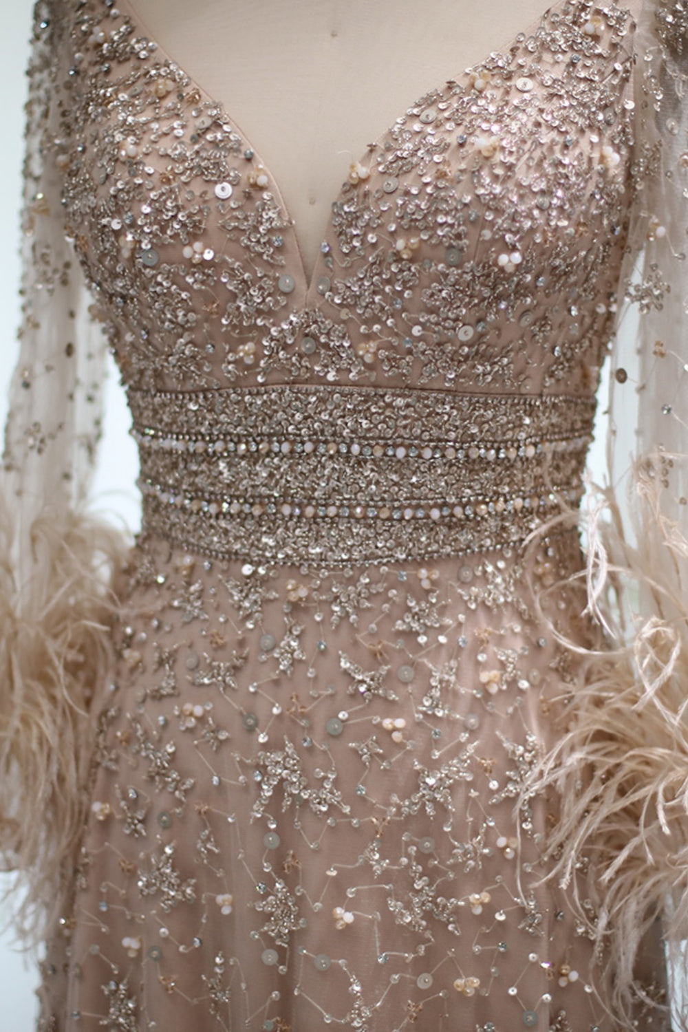 Luxury Champagne Feathers Long Sleeves Evening Dress SS101 Sheer Fairy