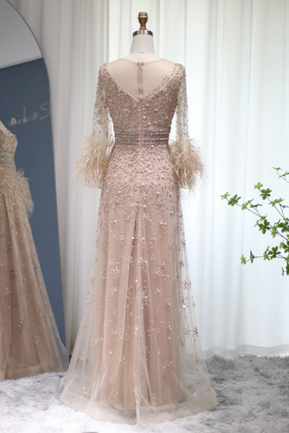 Luxury Champagne Feathers Long Sleeves Evening Dress SS101 Sheer Fairy