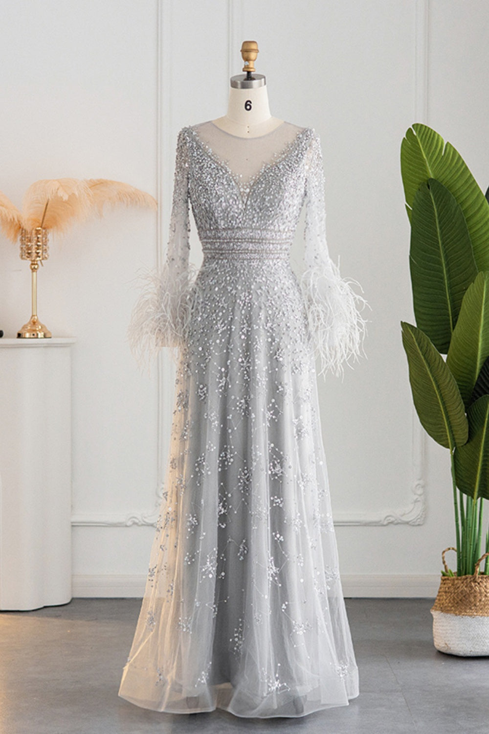 Luxury Champagne Feathers Long Sleeves Evening Dress SS101 Sheer Fairy