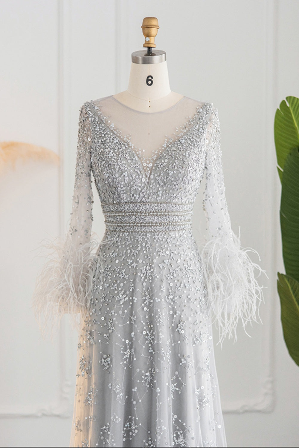 Luxury Champagne Feathers Long Sleeves Evening Dress SS101 Sheer Fairy
