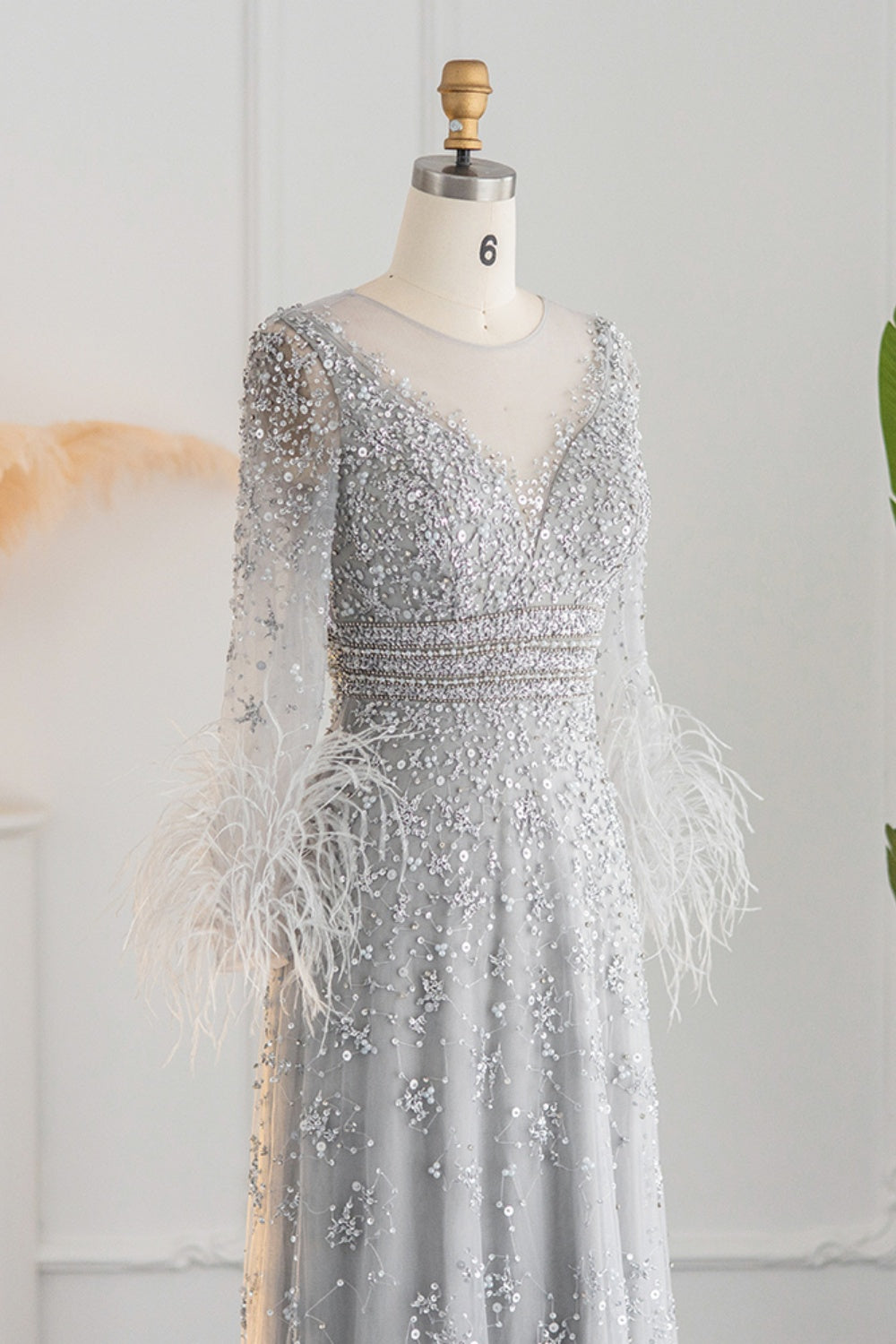 Luxury Champagne Feathers Long Sleeves Evening Dress SS101 Sheer Fairy