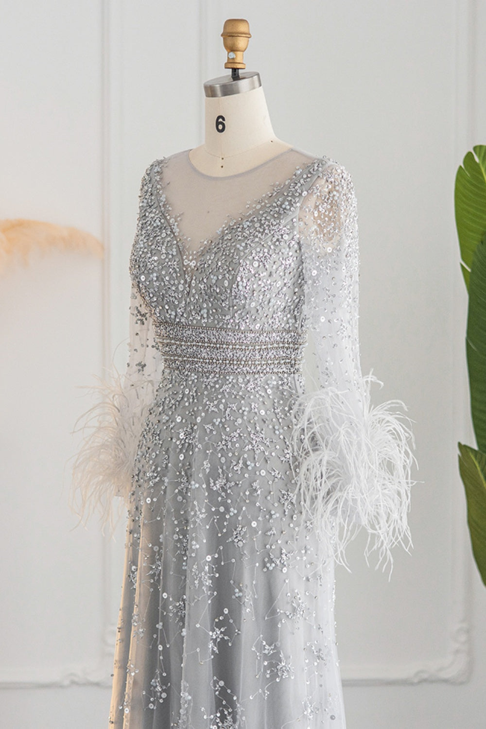 Luxury Champagne Feathers Long Sleeves Evening Dress SS101 Sheer Fairy