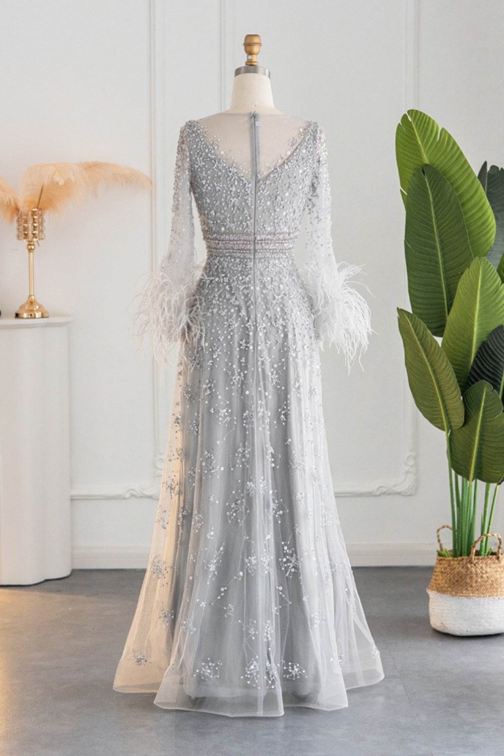 Luxury Champagne Feathers Long Sleeves Evening Dress SS101 Sheer Fairy