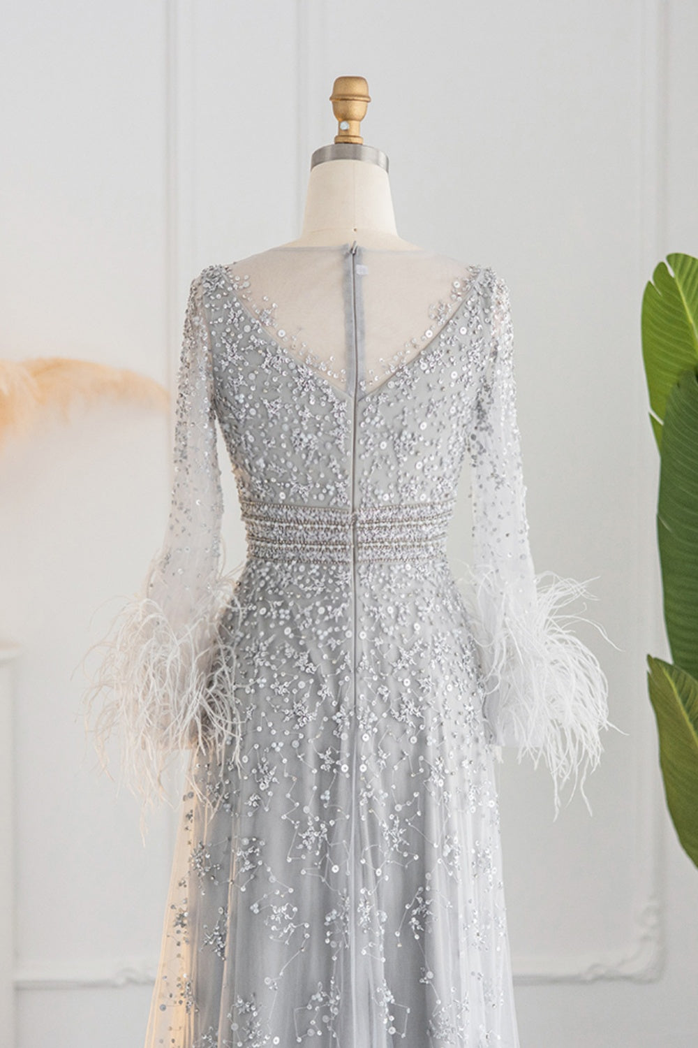 Luxury Champagne Feathers Long Sleeves Evening Dress SS101 Sheer Fairy