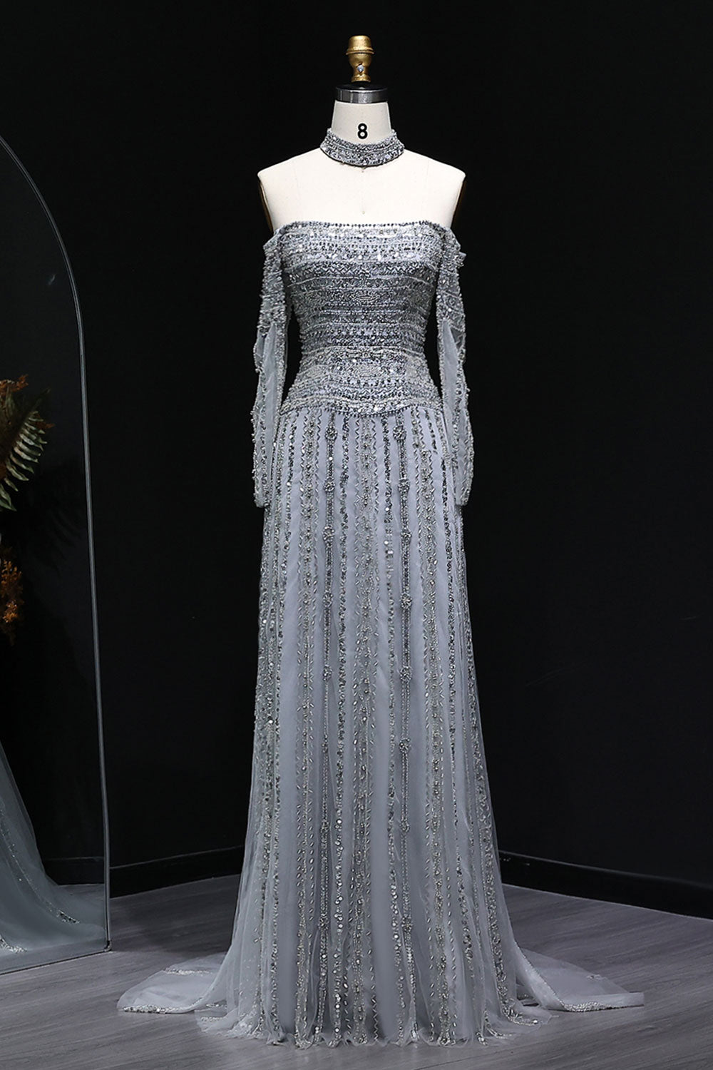 Sexy Off the Shoulder Long Sleeve Beaded Grey Evening Dress for Women SS178 Sheer Fairy