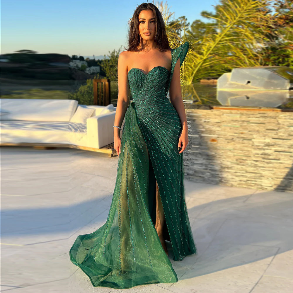 Glamorous Emerald Green One-Shoulder Beaded Mermaid Evening Dress with High Slit SS201 Sheer Fairy