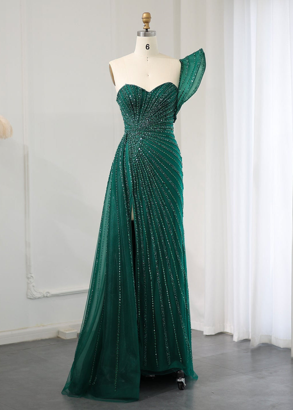 Glamorous Emerald Green One-Shoulder Beaded Mermaid Evening Dress with High Slit SS201 Sheer Fairy