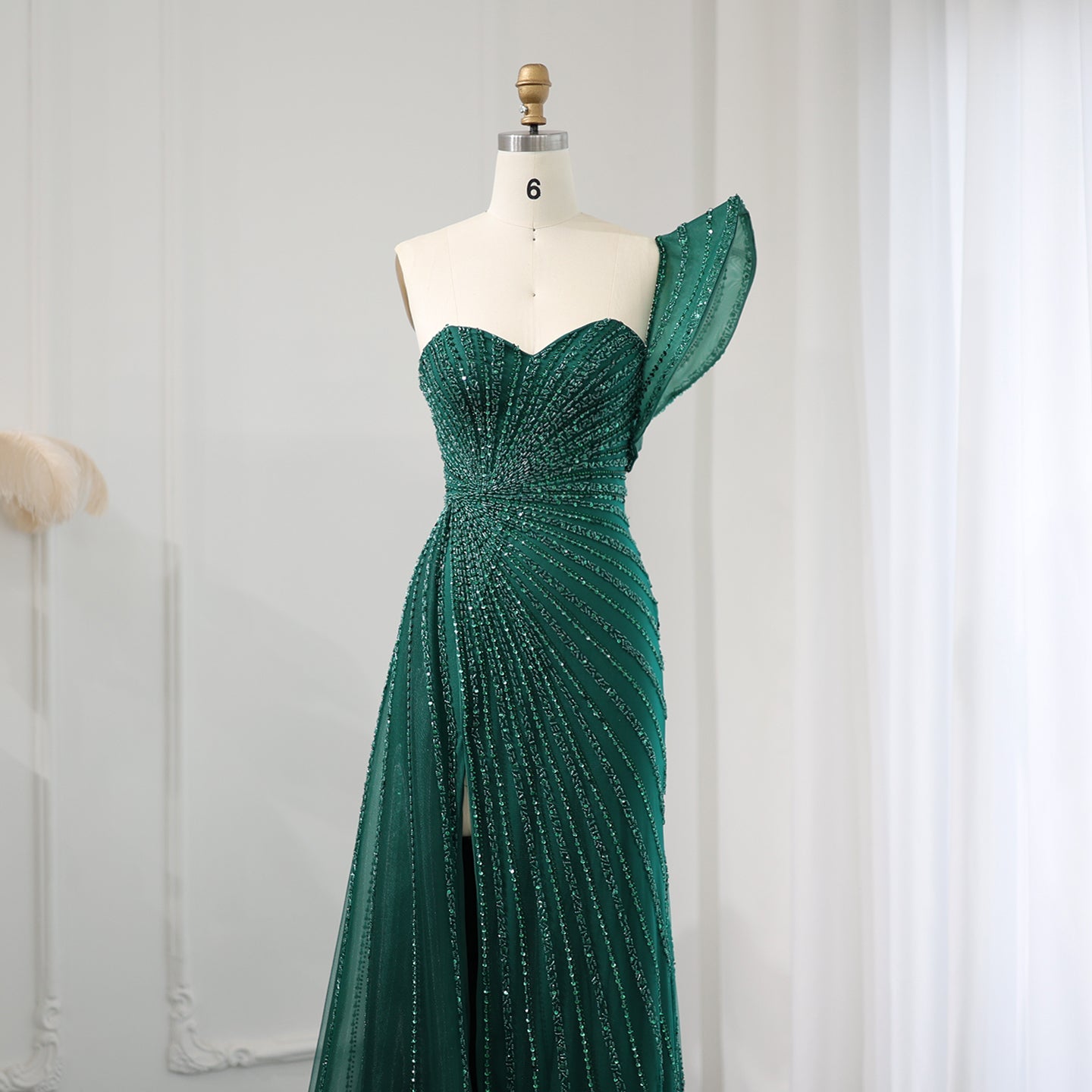 Glamorous Emerald Green One-Shoulder Beaded Mermaid Evening Dress with High Slit SS201 Sheer Fairy
