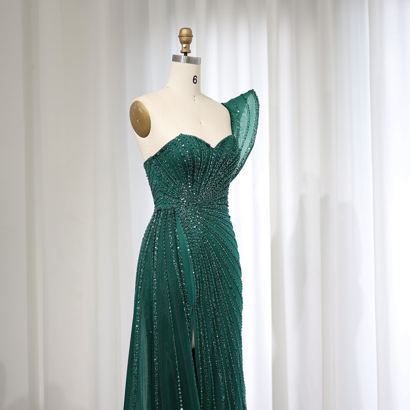 Glamorous Emerald Green One-Shoulder Beaded Mermaid Evening Dress with High Slit SS201 Sheer Fairy